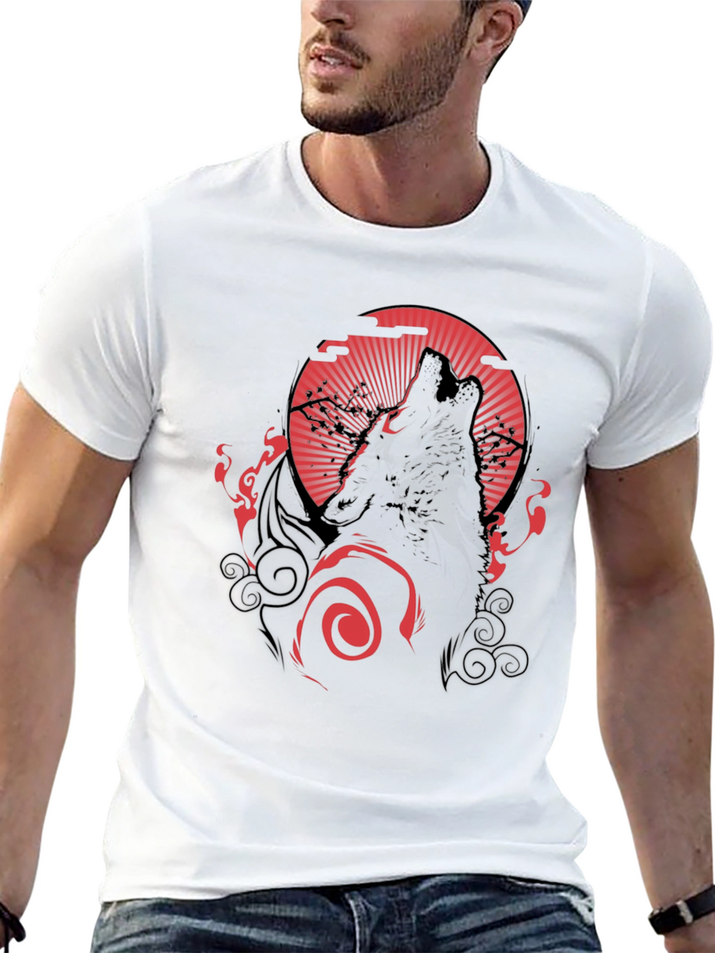 Wolf Howling at Red Moon Graphic Black Tee