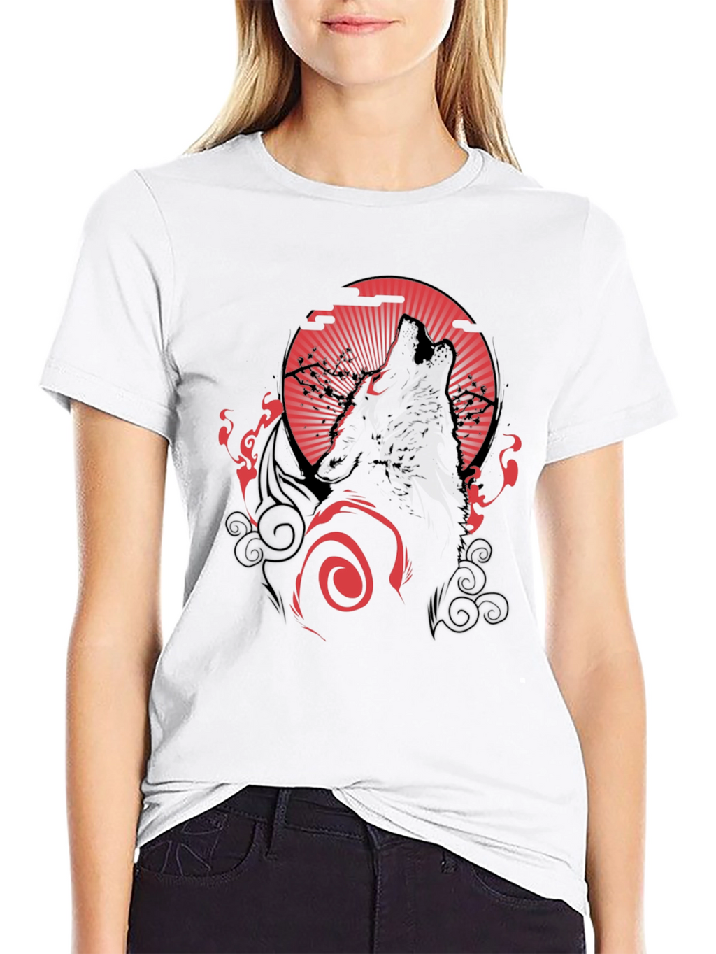 Wolf Howling at Red Moon Graphic Black Tee