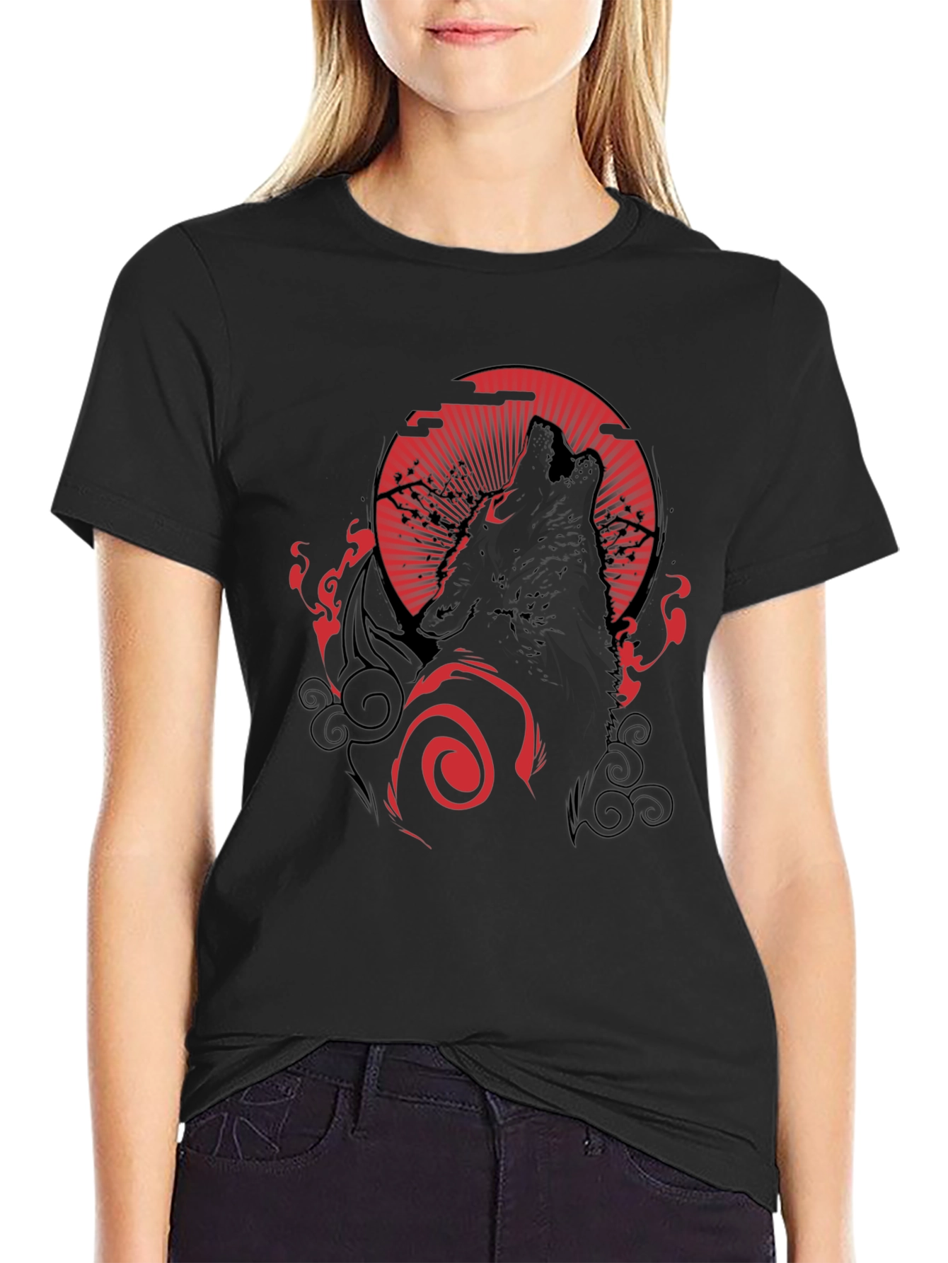 Wolf Howling at Red Moon Graphic Black Tee