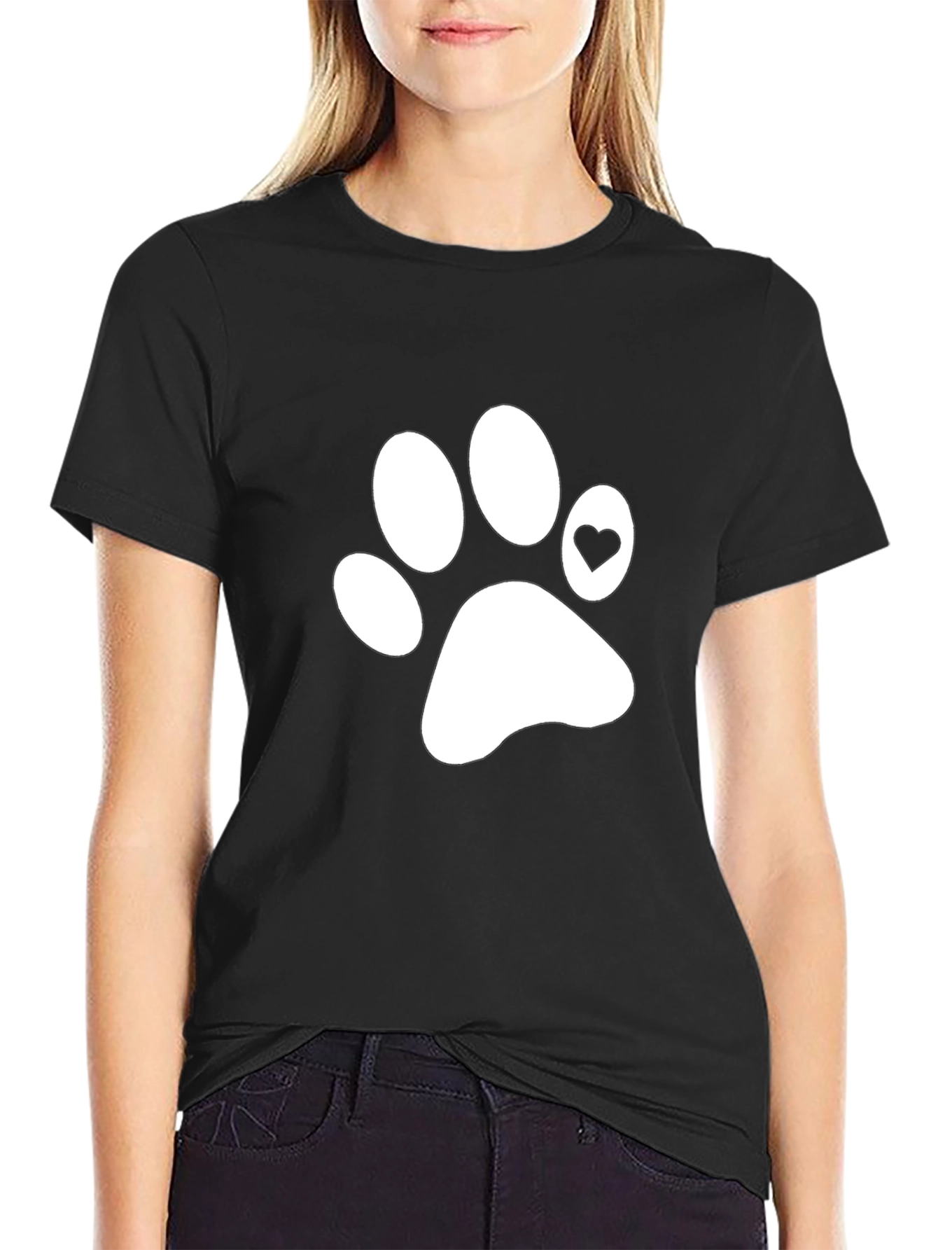 Dog Paw Heart Print T-Shirt - Casual Black Tee