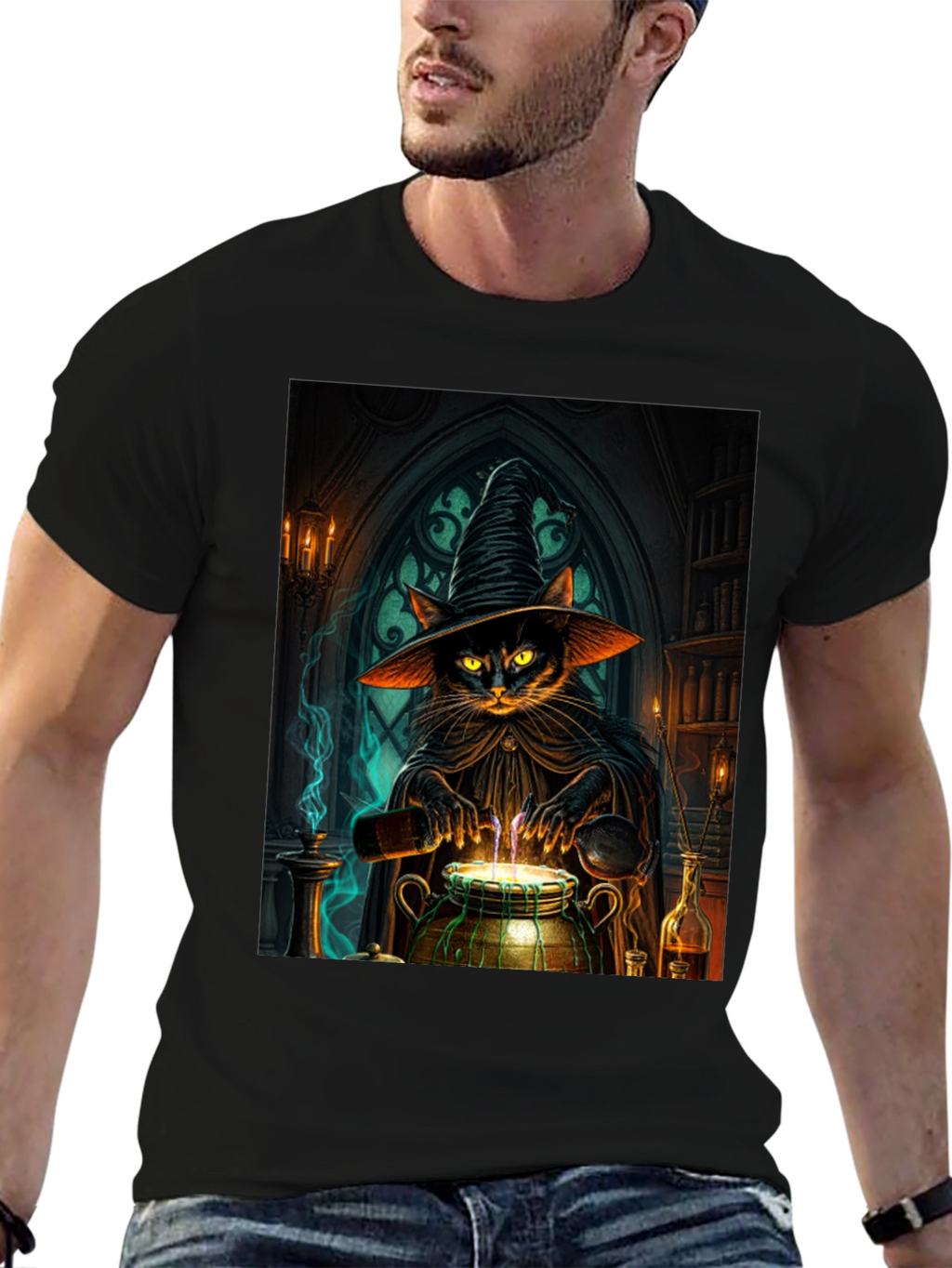 Witch Cat Potion T-Shirt - Black Cotton Tee