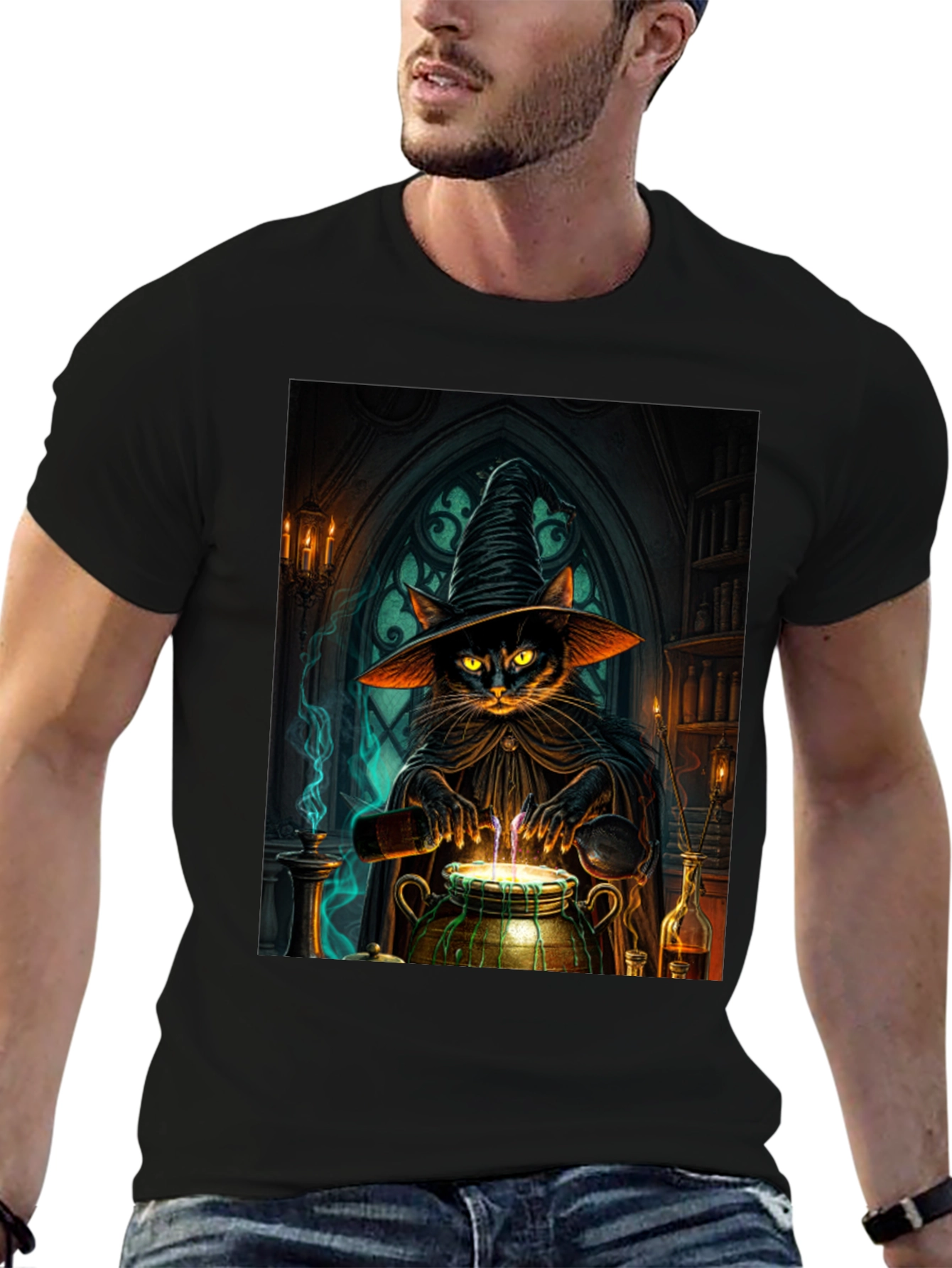 Witch Cat Potion T-Shirt - Black Cotton Tee