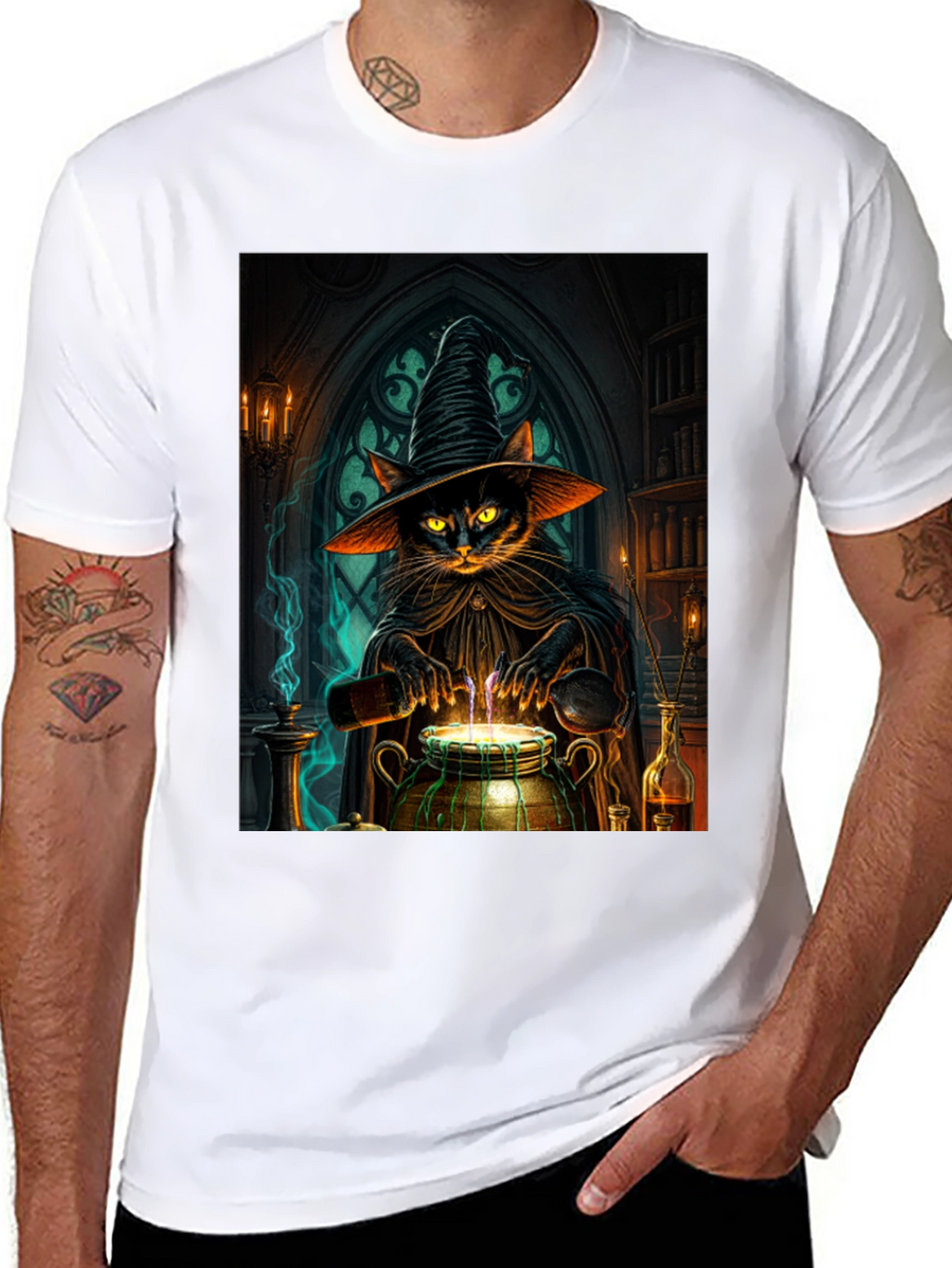 Witch Cat Potion T-Shirt - Black Cotton Tee
