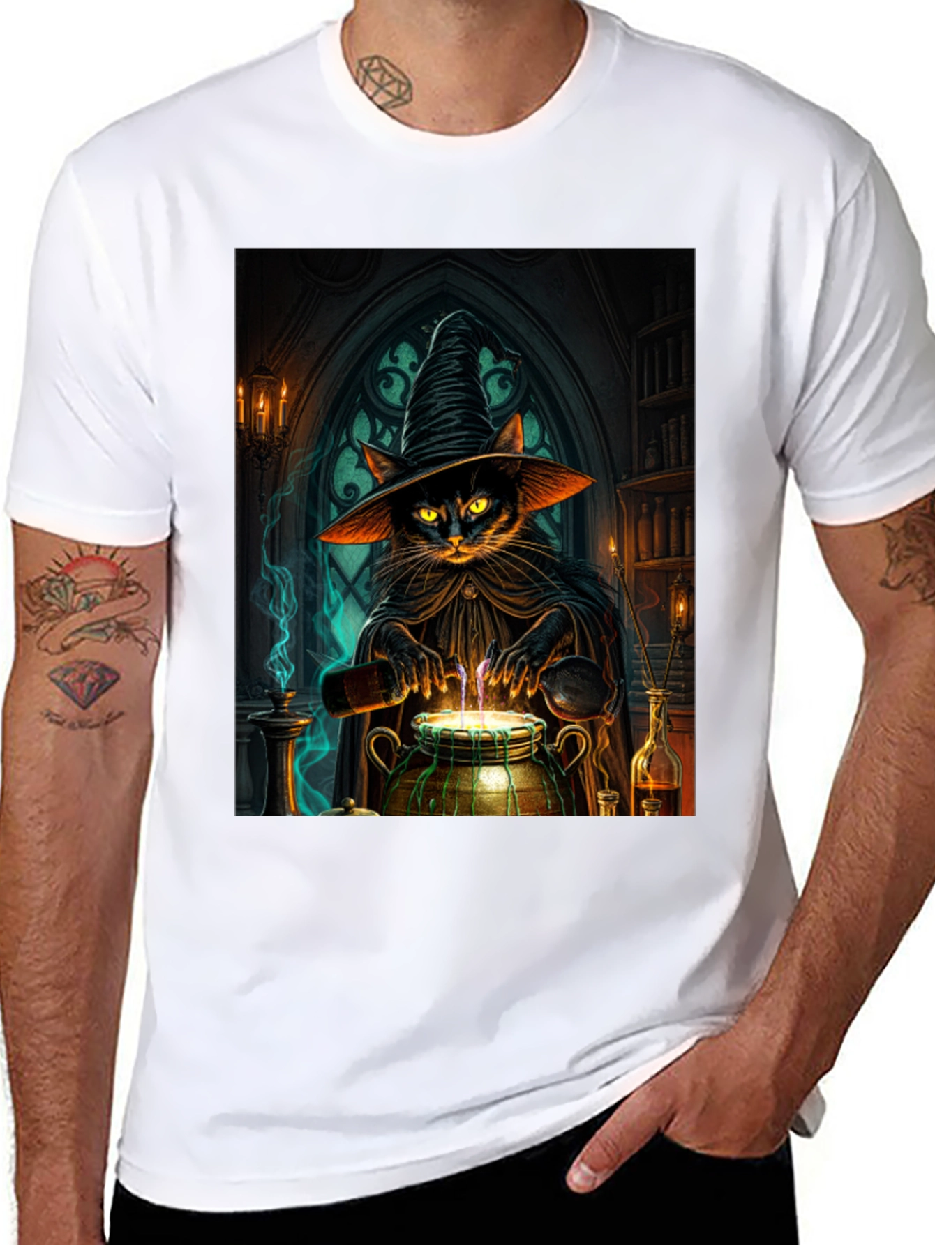 Witch Cat Potion T-Shirt - Black Cotton Tee
