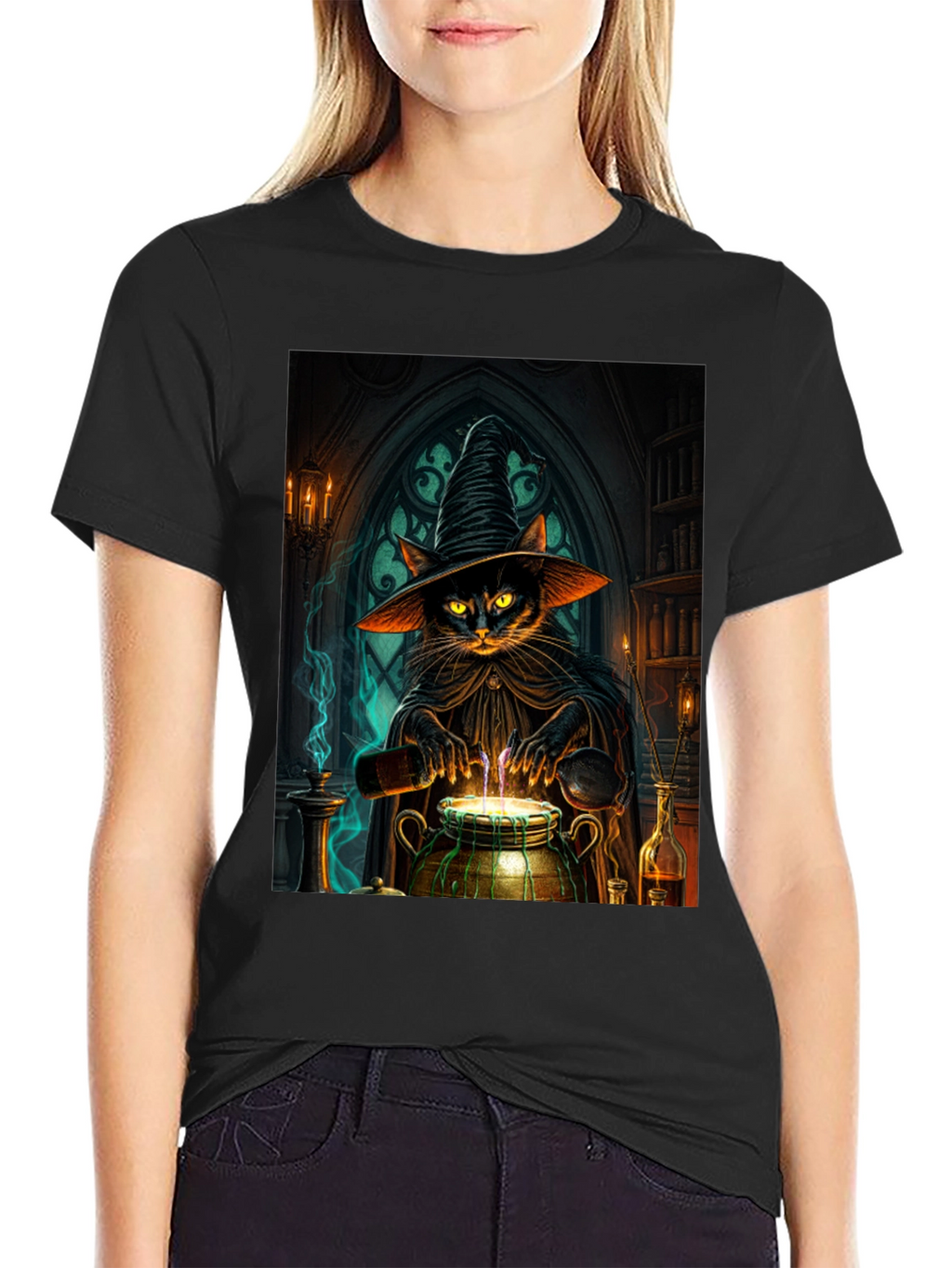 Witch Cat Potion T-Shirt - Black Cotton Tee