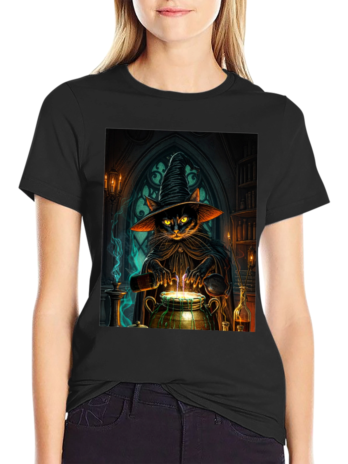 Witch Cat Potion T-Shirt - Black Cotton Tee