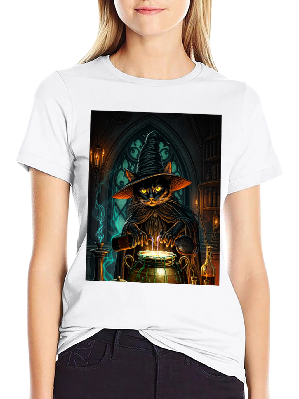 Witch Cat Potion T-Shirt - Black Cotton Tee