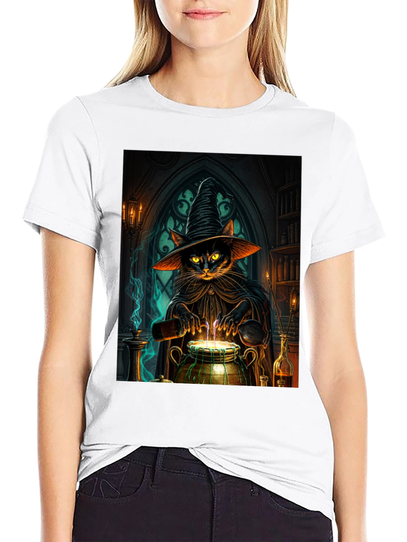 Witch Cat Potion T-Shirt - Black Cotton Tee