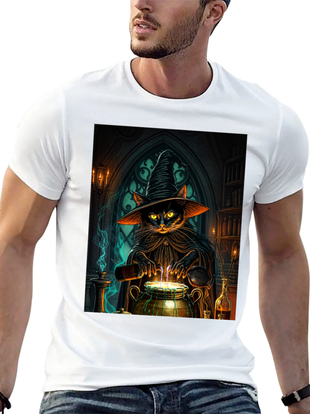 Witch Cat Potion T-Shirt - Black Cotton Tee