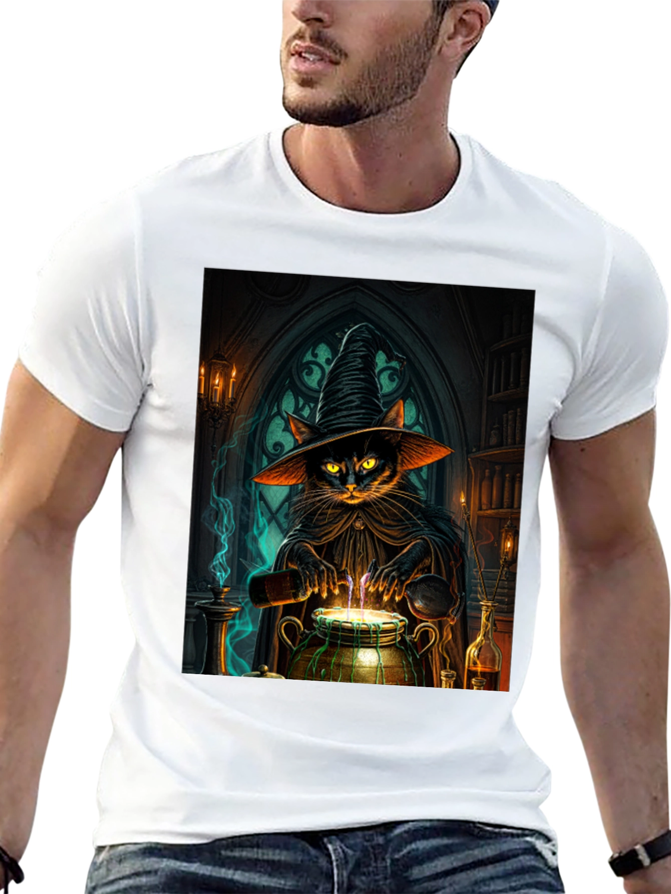 Witch Cat Potion T-Shirt - Black Cotton Tee