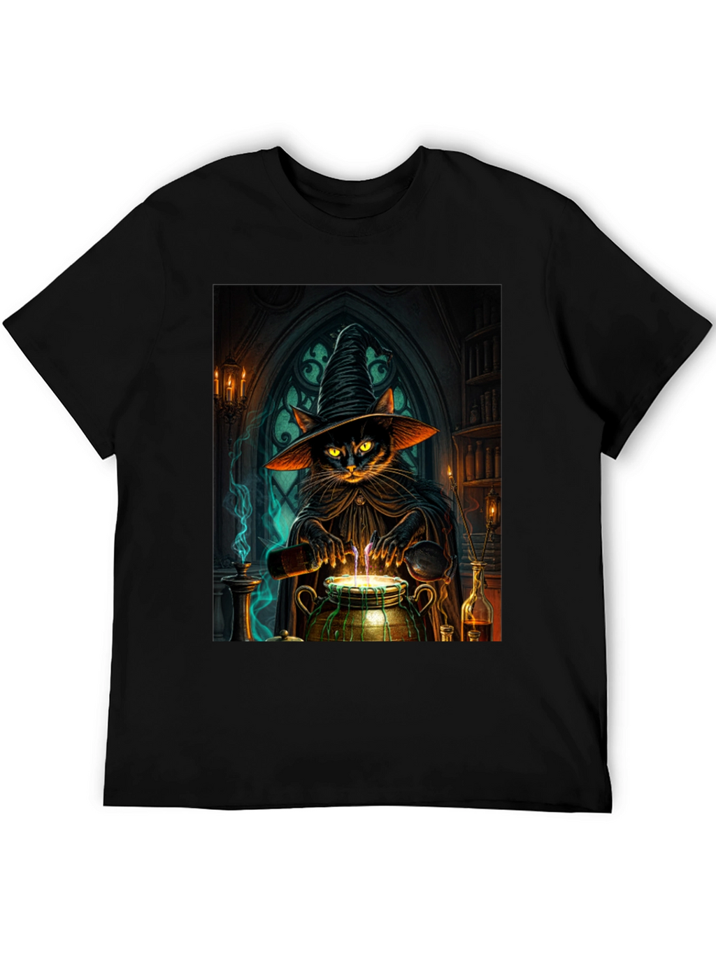 Witch Cat Potion T-Shirt - Black Cotton Tee