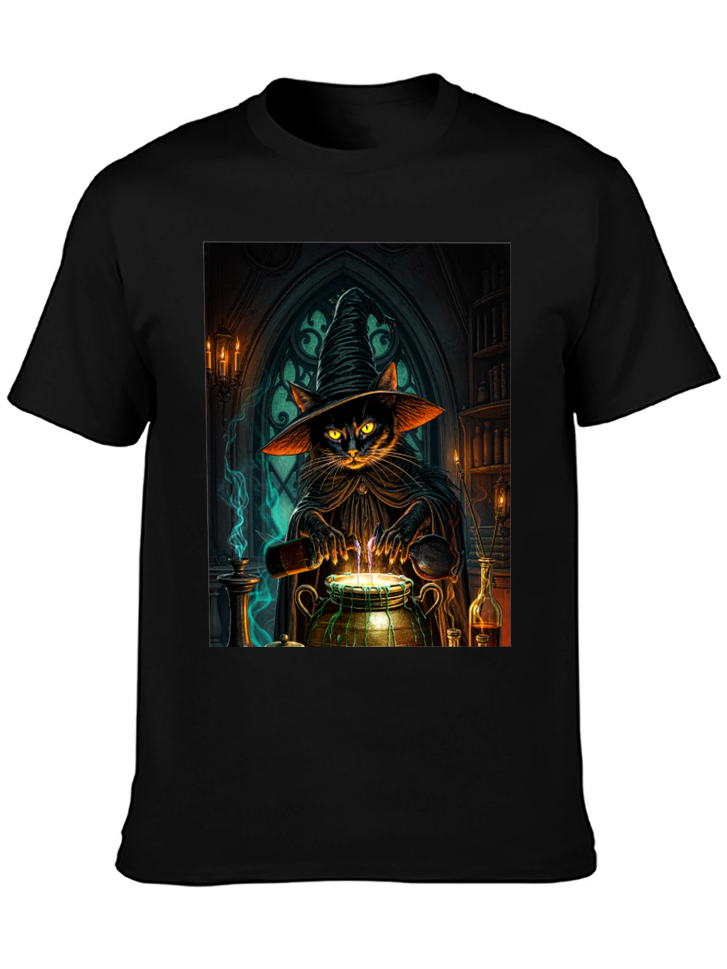 Witch Cat Potion T-Shirt - Black Cotton Tee