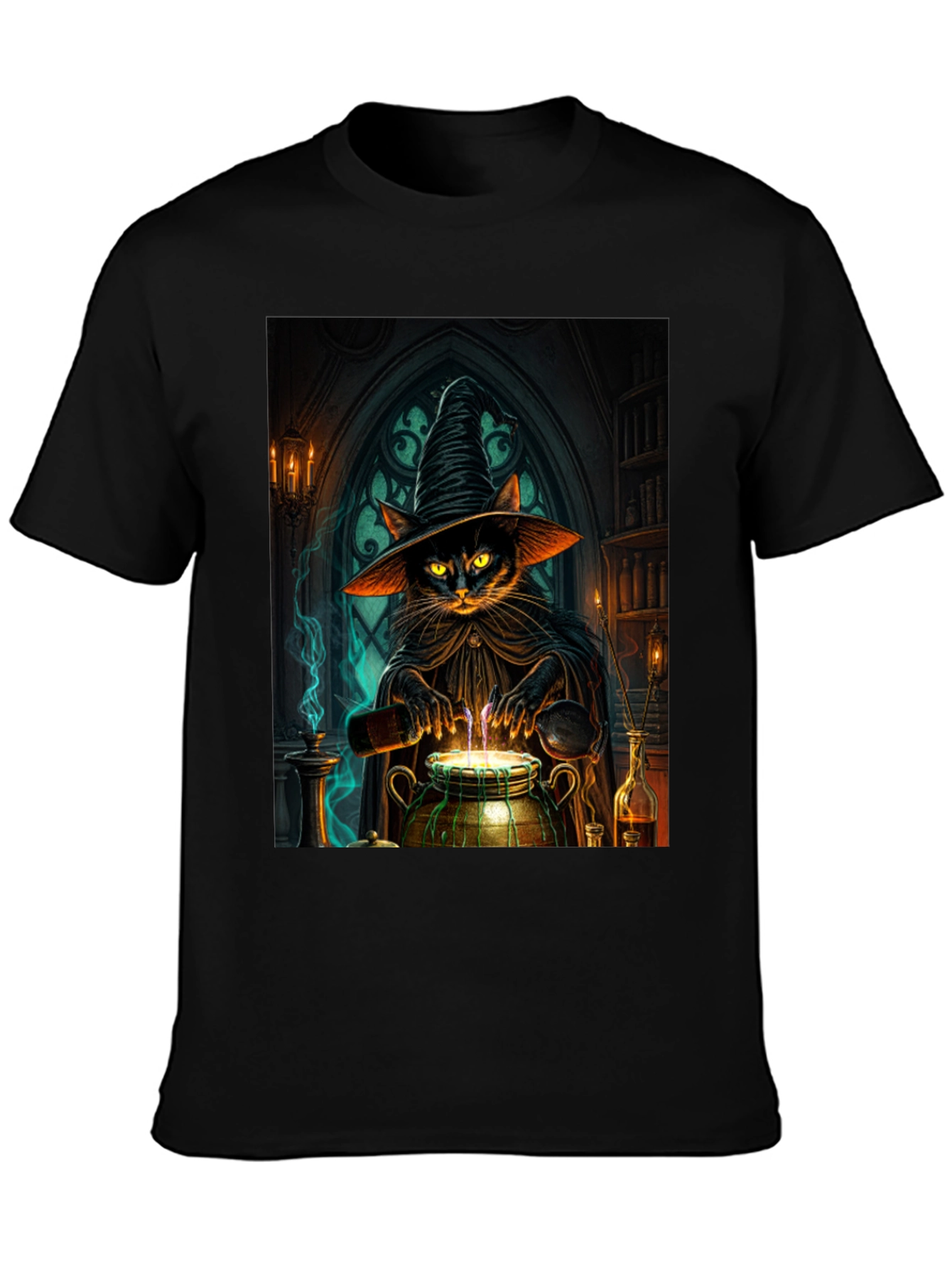 Witch Cat Potion T-Shirt - Black Cotton Tee