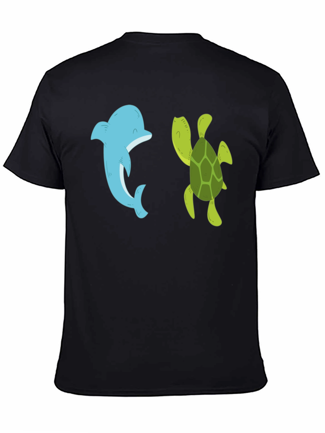 Dolphin and Turtle Graphic Tee - Black Casual T-Shirt