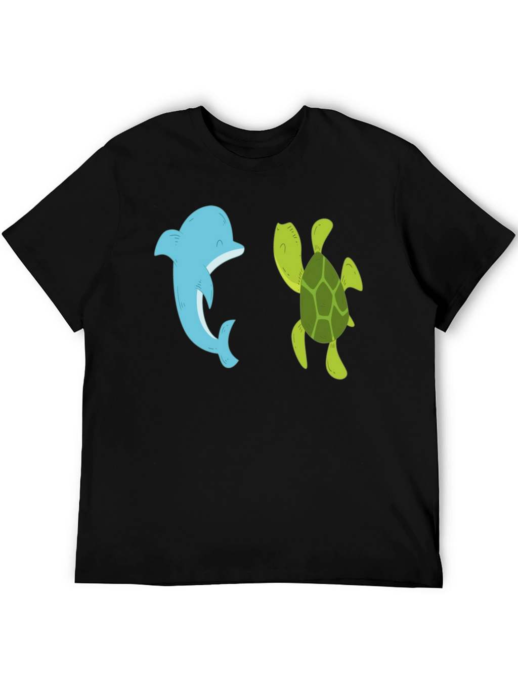 Dolphin and Turtle Graphic Tee - Black Casual T-Shirt