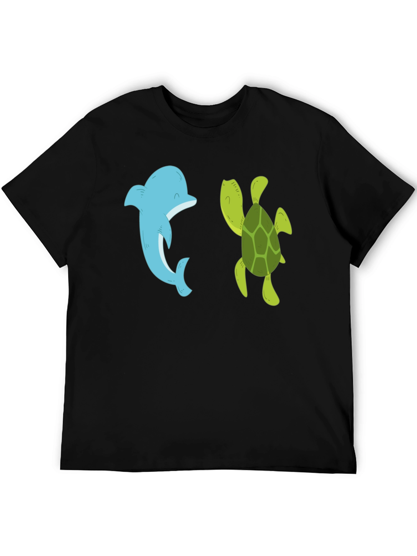 Dolphin and Turtle Graphic Tee - Black Casual T-Shirt