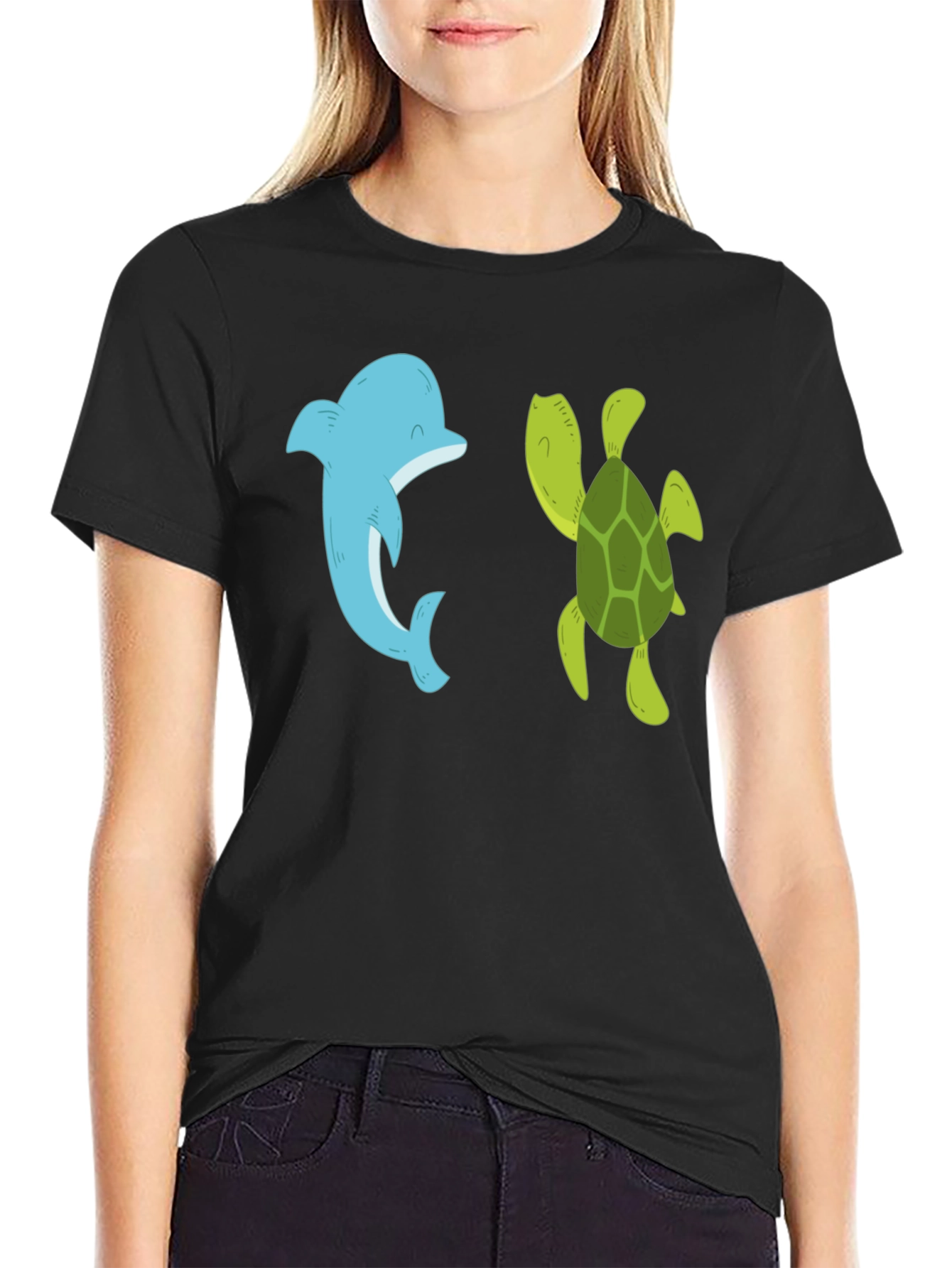 Dolphin and Turtle Graphic Tee - Black Casual T-Shirt