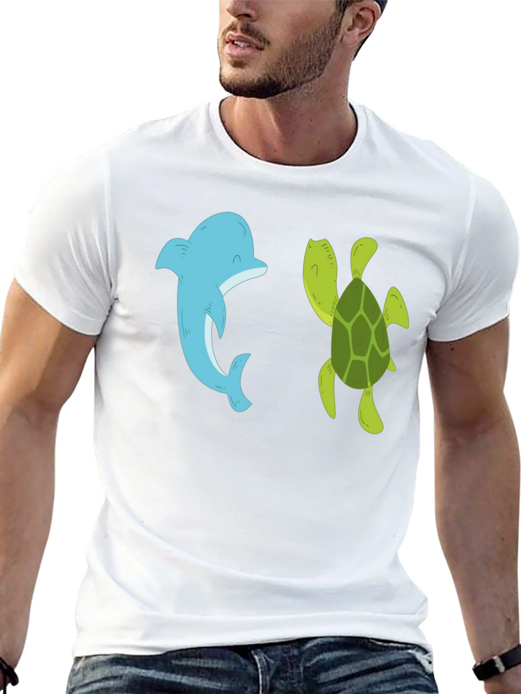 Dolphin and Turtle Graphic Tee - Black Casual T-Shirt