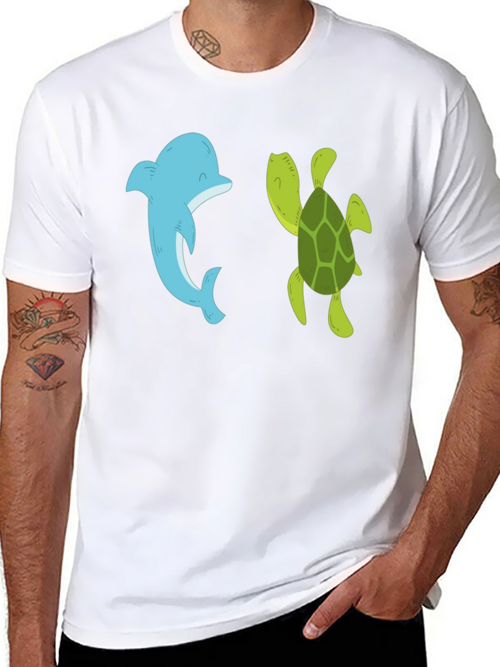 Dolphin and Turtle Graphic Tee - Black Casual T-Shirt