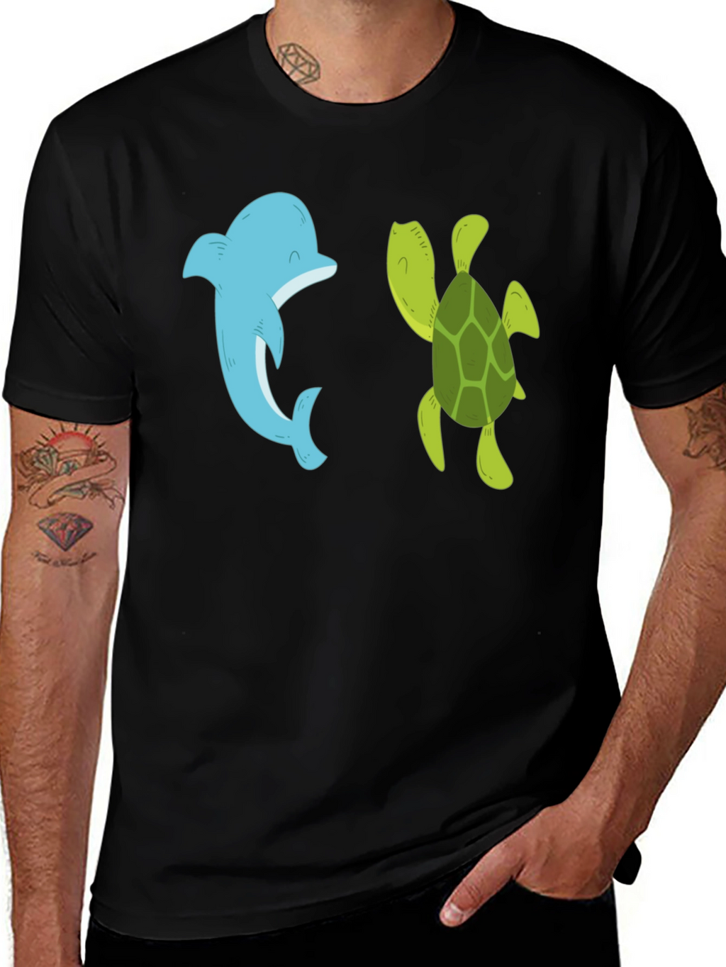 Dolphin and Turtle Graphic Tee - Black Casual T-Shirt