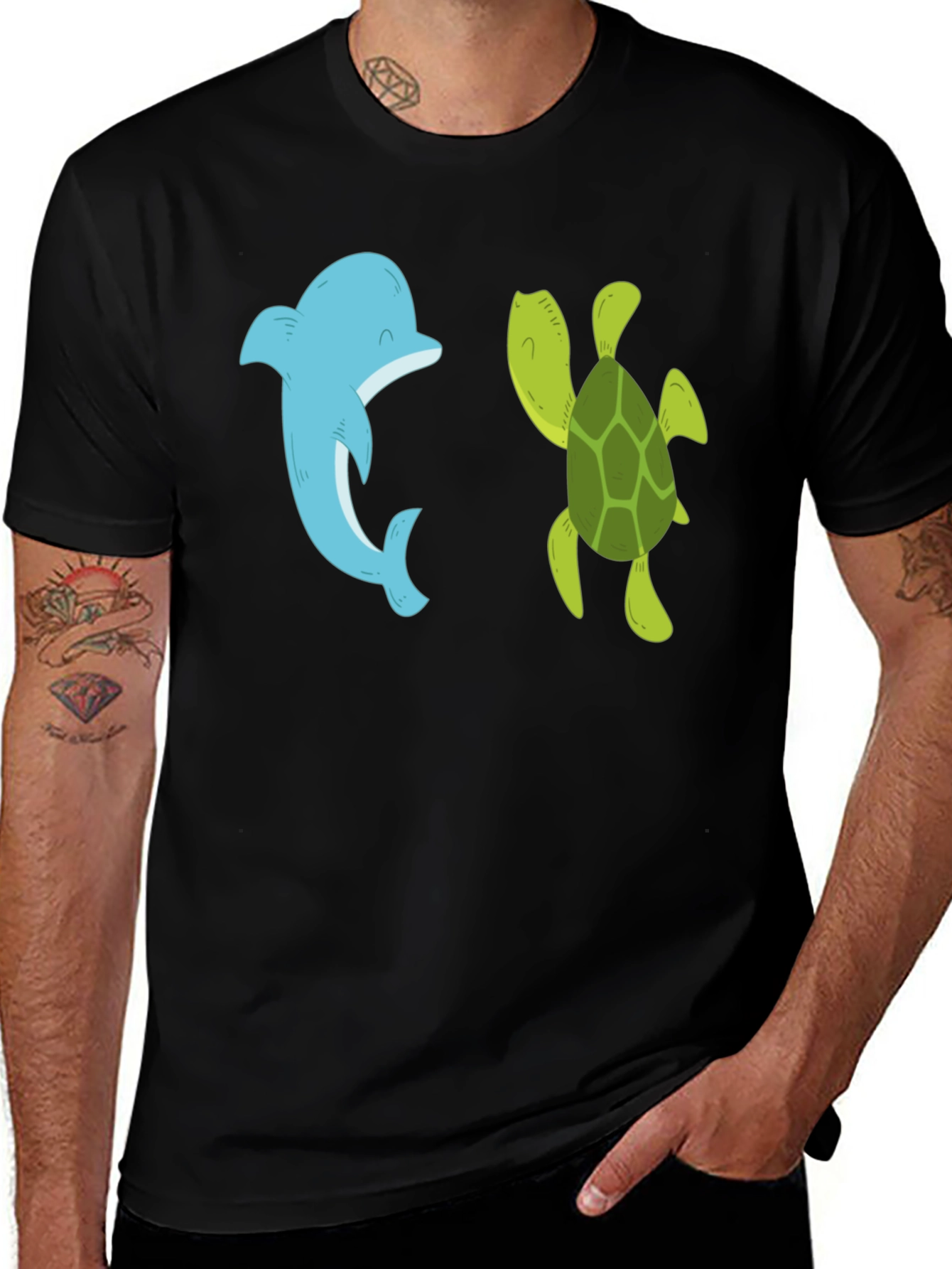 Dolphin and Turtle Graphic Tee - Black Casual T-Shirt