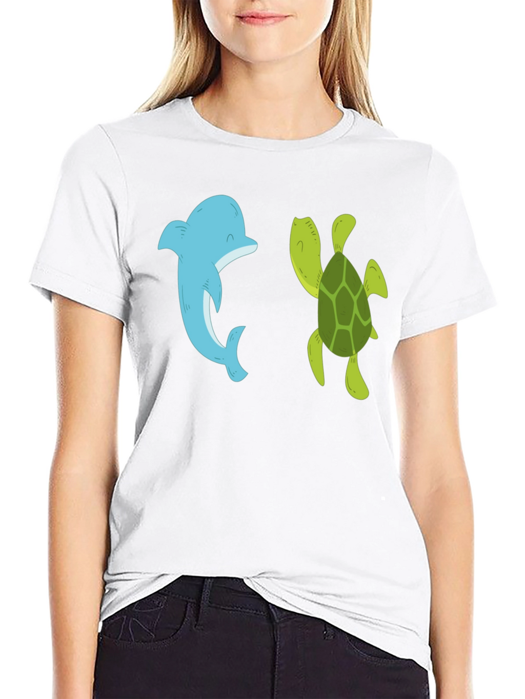 Dolphin and Turtle Graphic Tee - Black Casual T-Shirt
