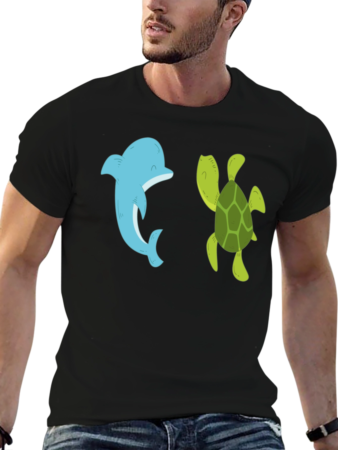 Dolphin and Turtle Graphic Tee - Black Casual T-Shirt