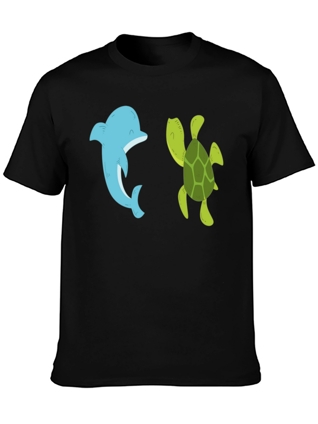 Dolphin and Turtle Graphic Tee - Black Casual T-Shirt