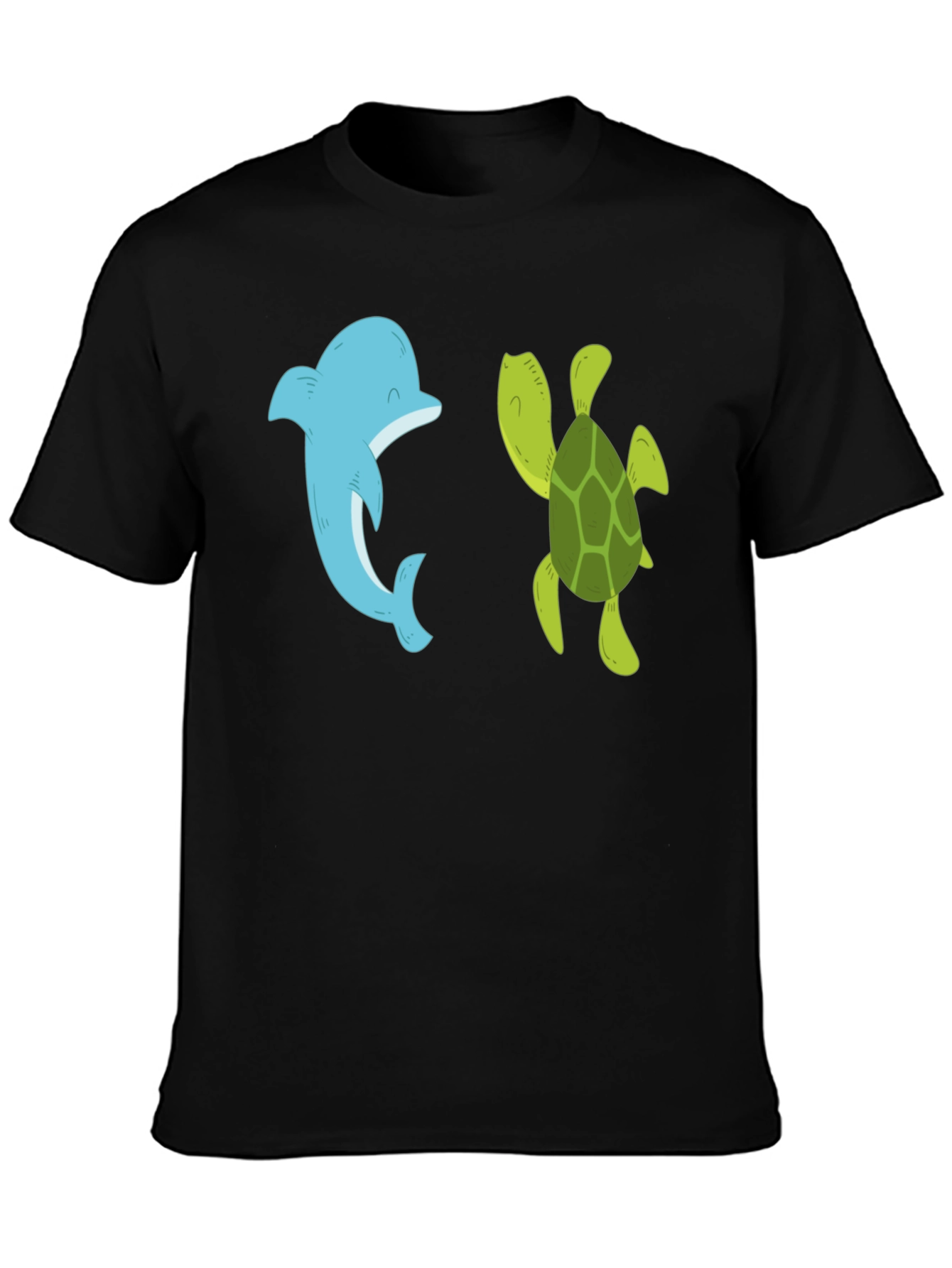 Dolphin and Turtle Graphic Tee - Black Casual T-Shirt
