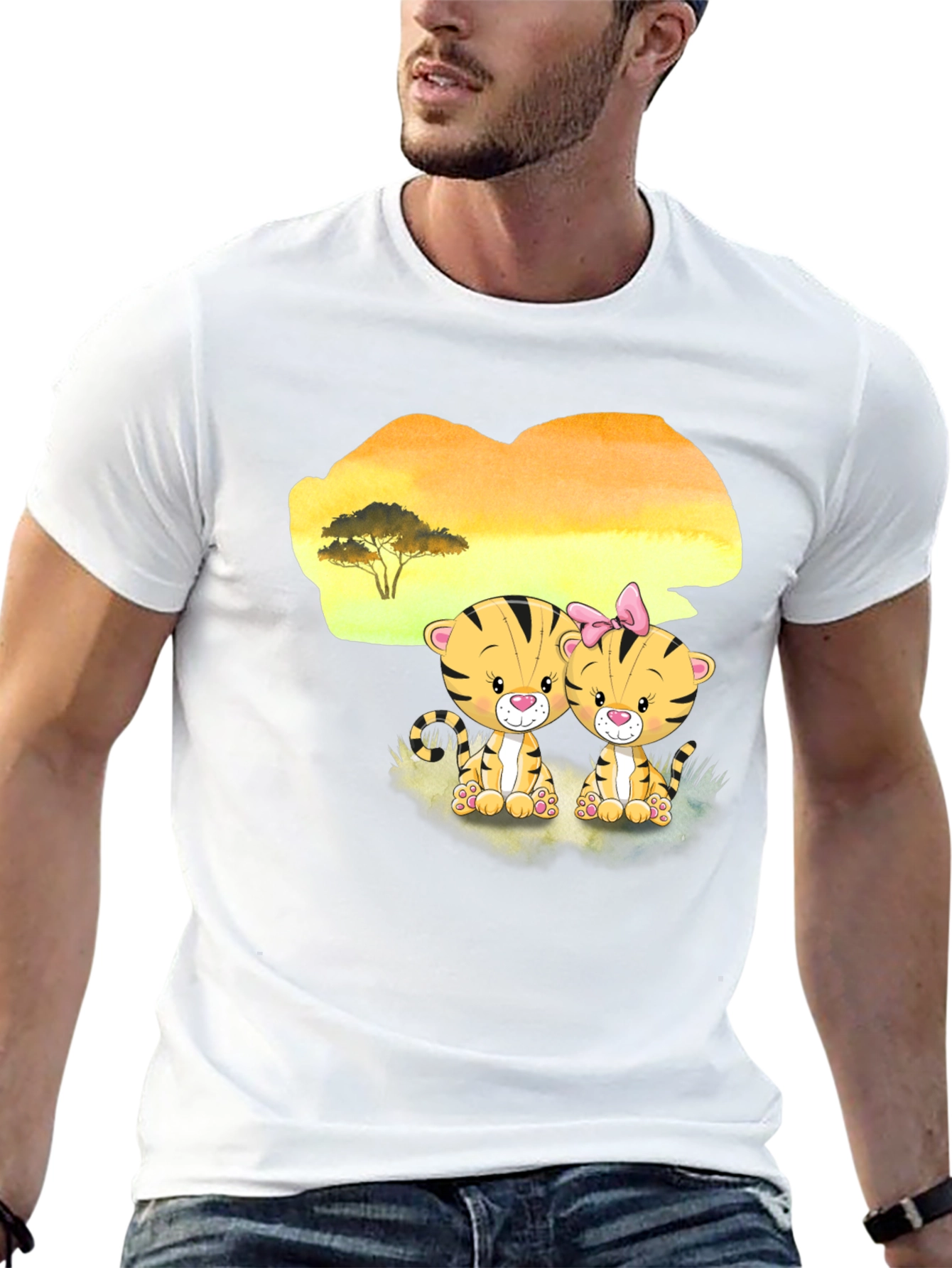 Cute Cartoon Tiger Couple Black T-Shirt