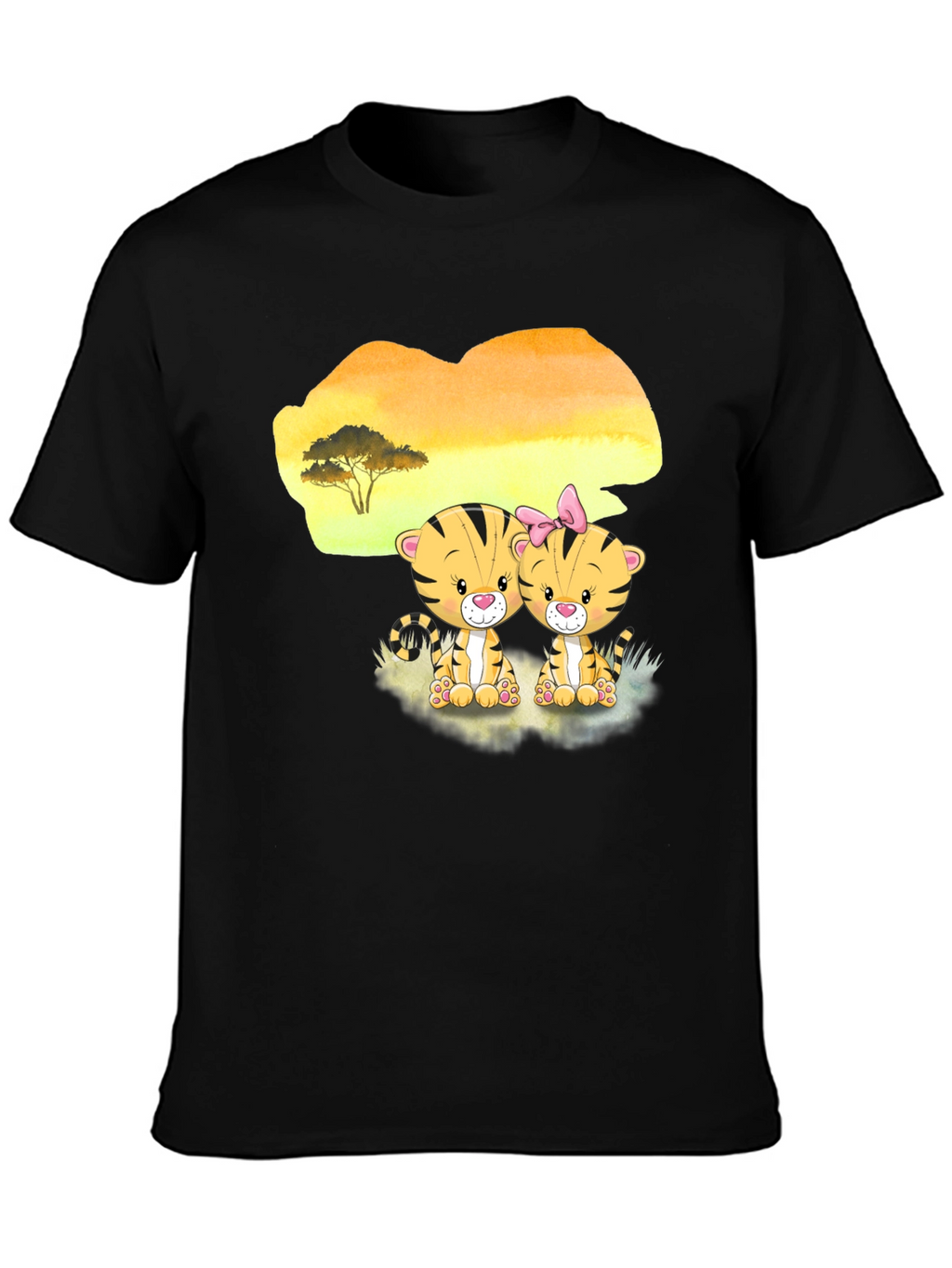 Cute Cartoon Tiger Couple Black T-Shirt