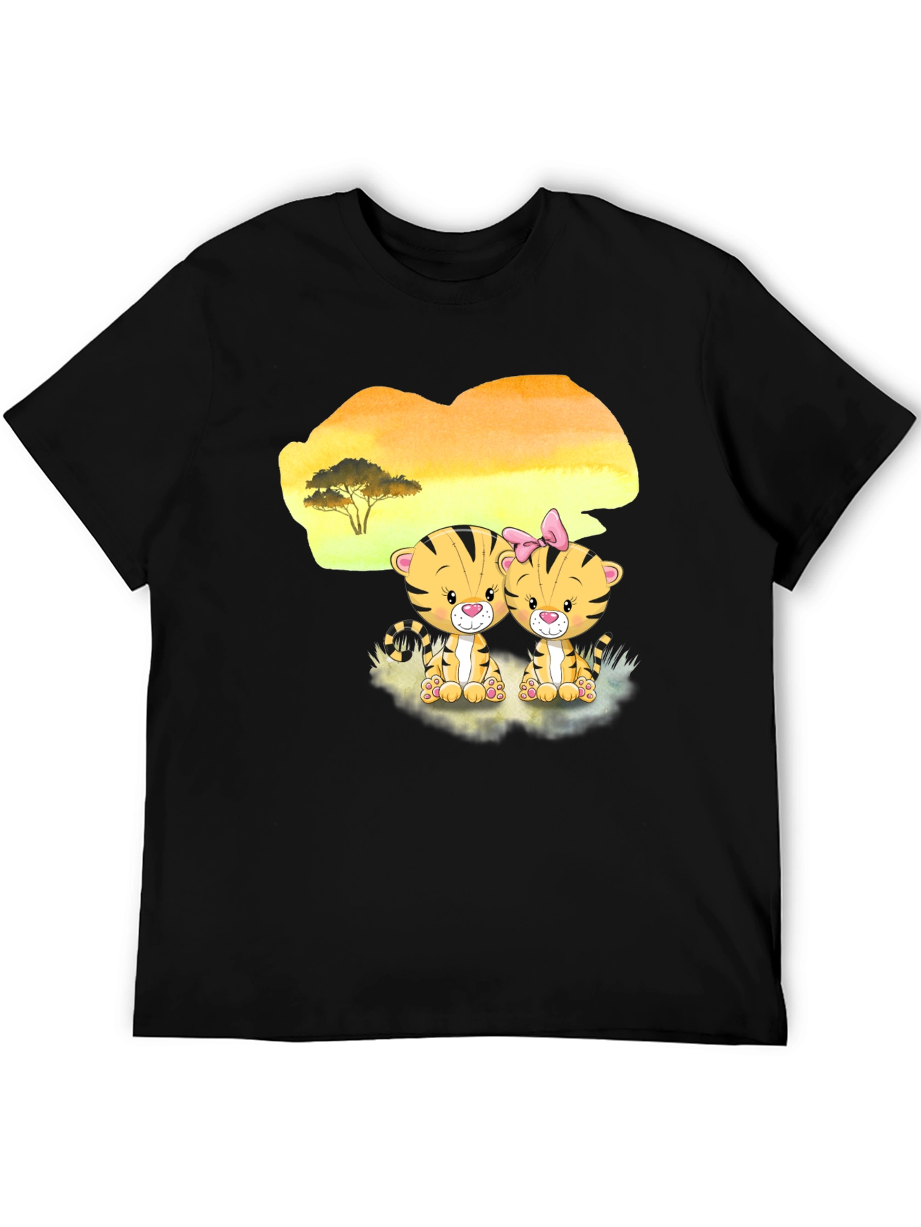 Cute Cartoon Tiger Couple Black T-Shirt