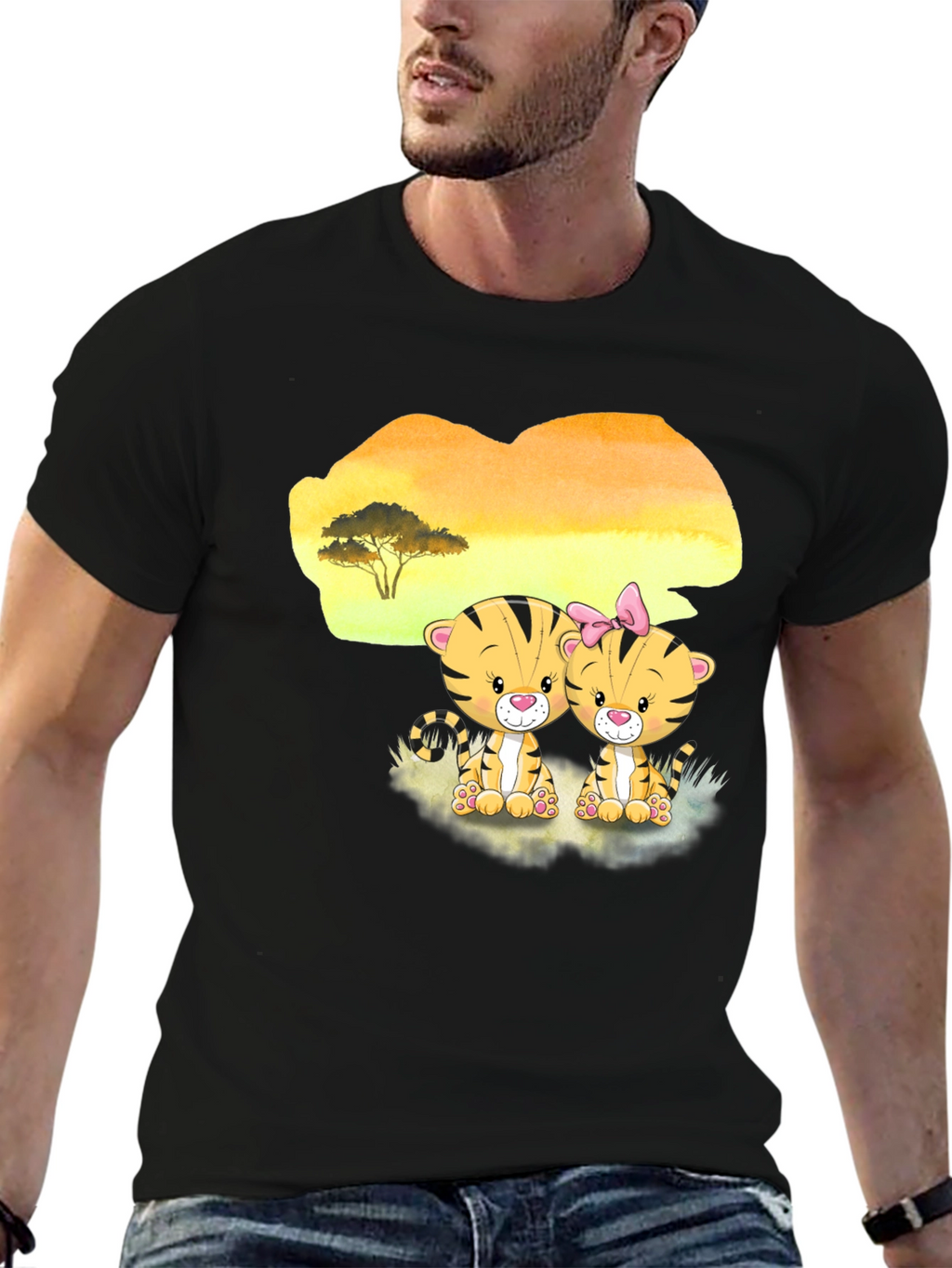 Cute Cartoon Tiger Couple Black T-Shirt