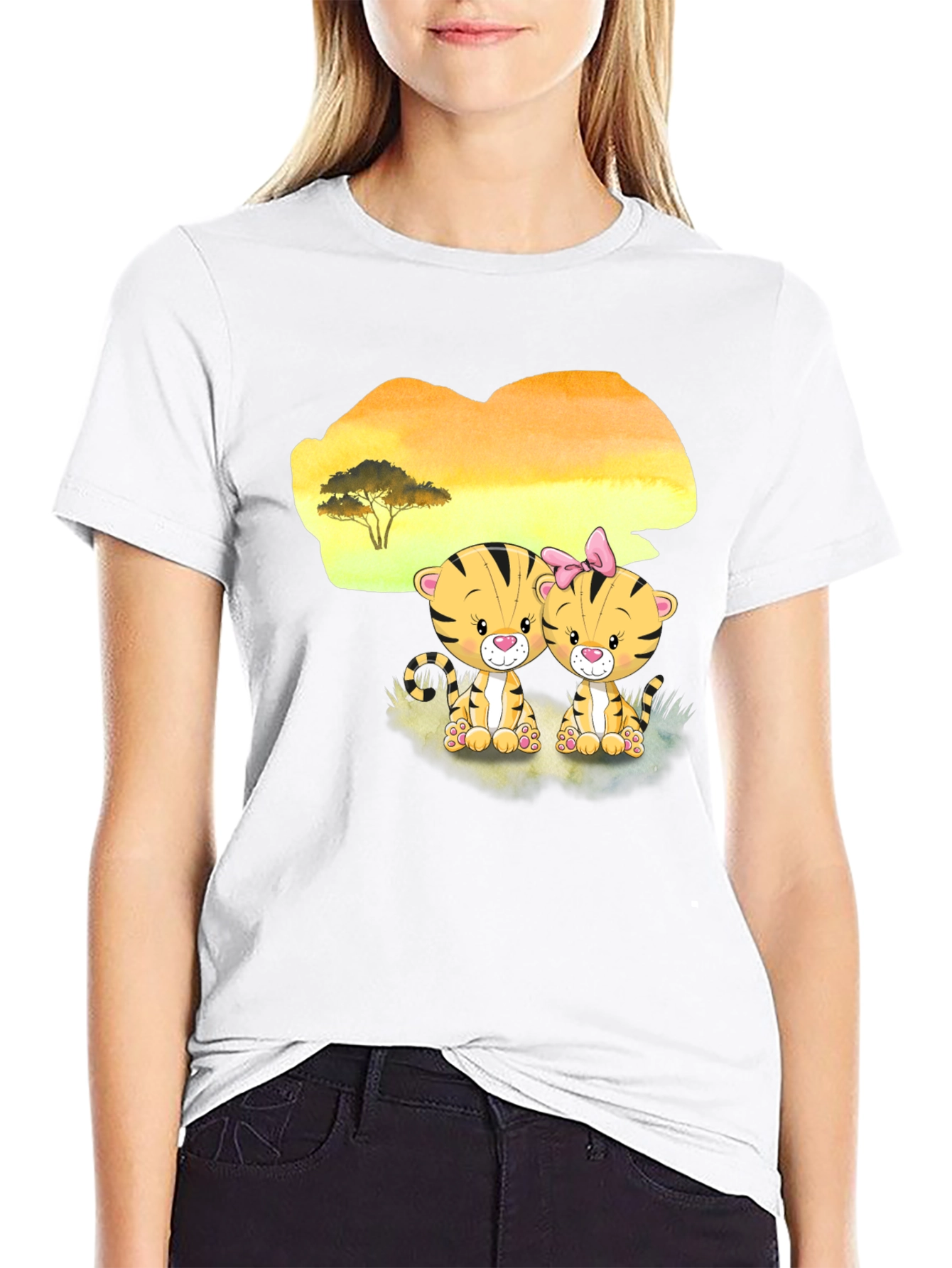 Cute Cartoon Tiger Couple Black T-Shirt