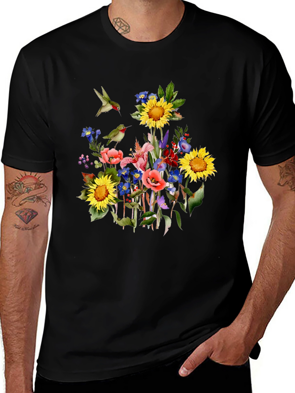 Floral Hummingbird Black T-Shirt