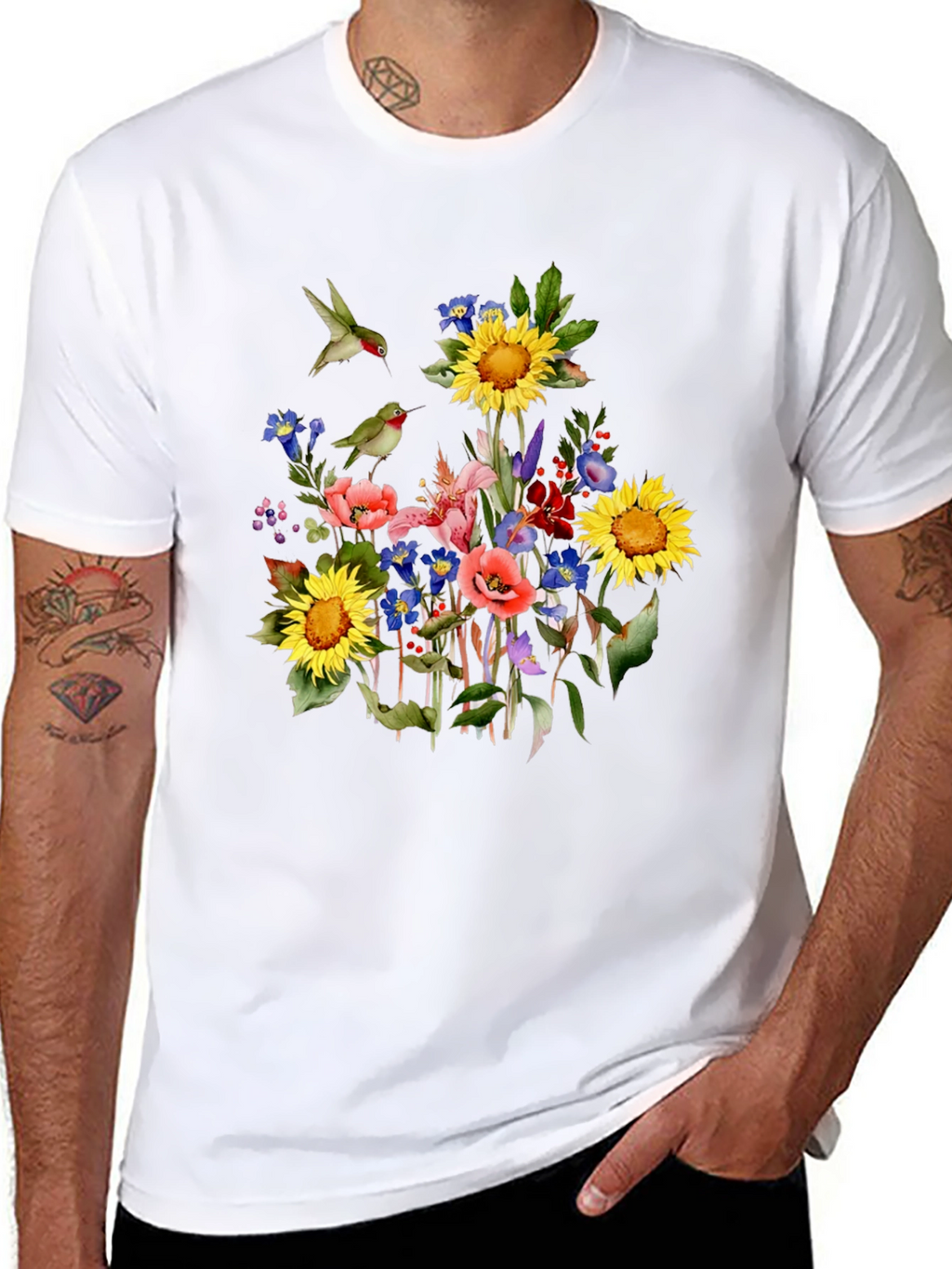 Floral Hummingbird Black T-Shirt