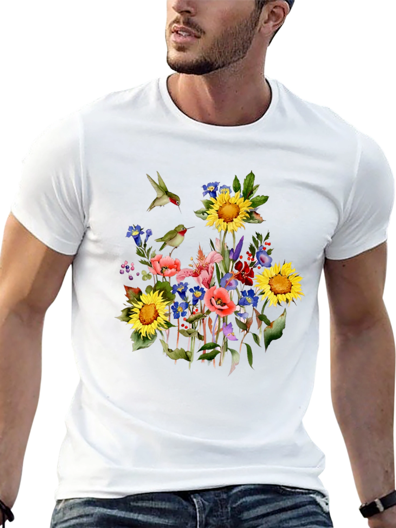 Floral Hummingbird Black T-Shirt