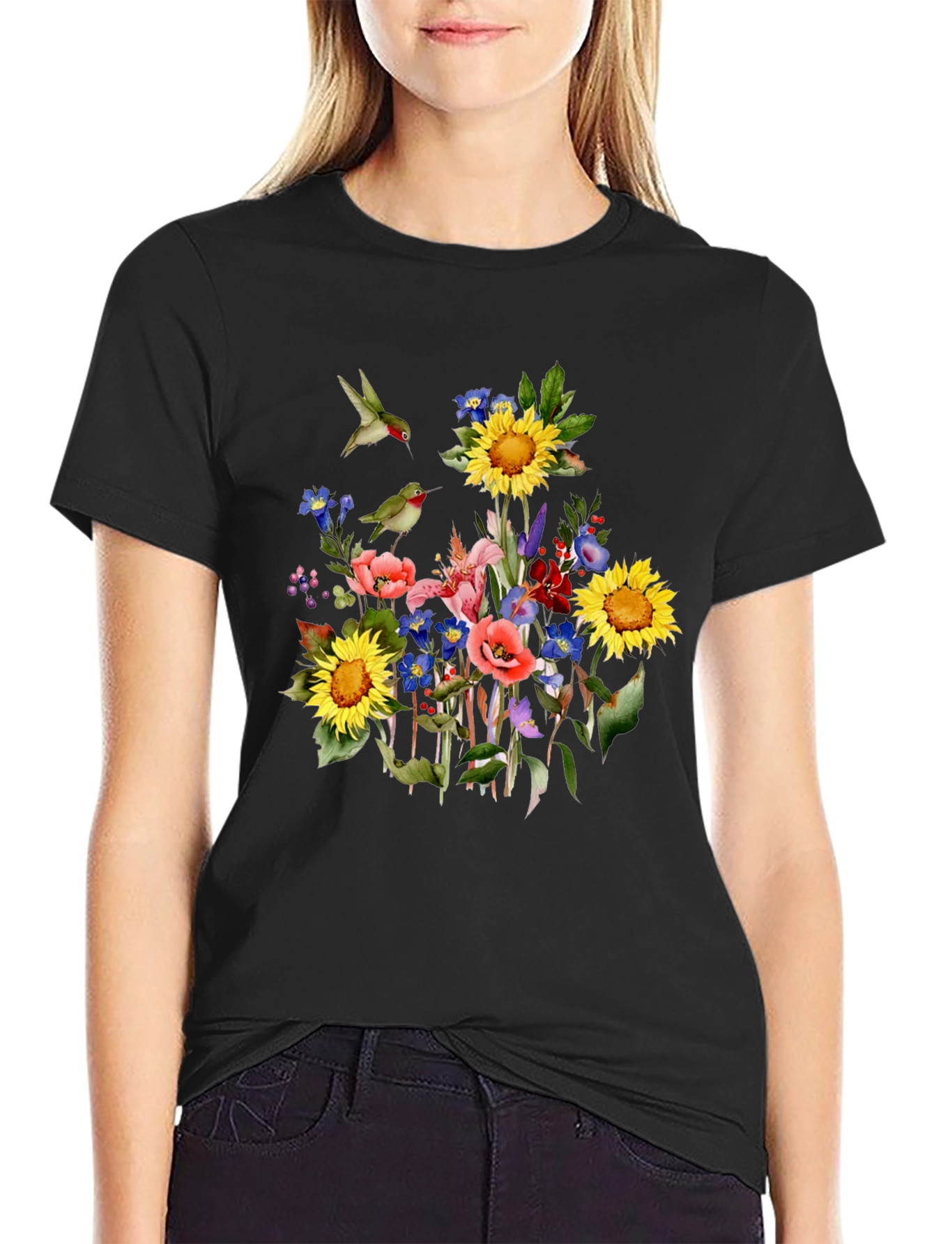 Floral Hummingbird Black T-Shirt
