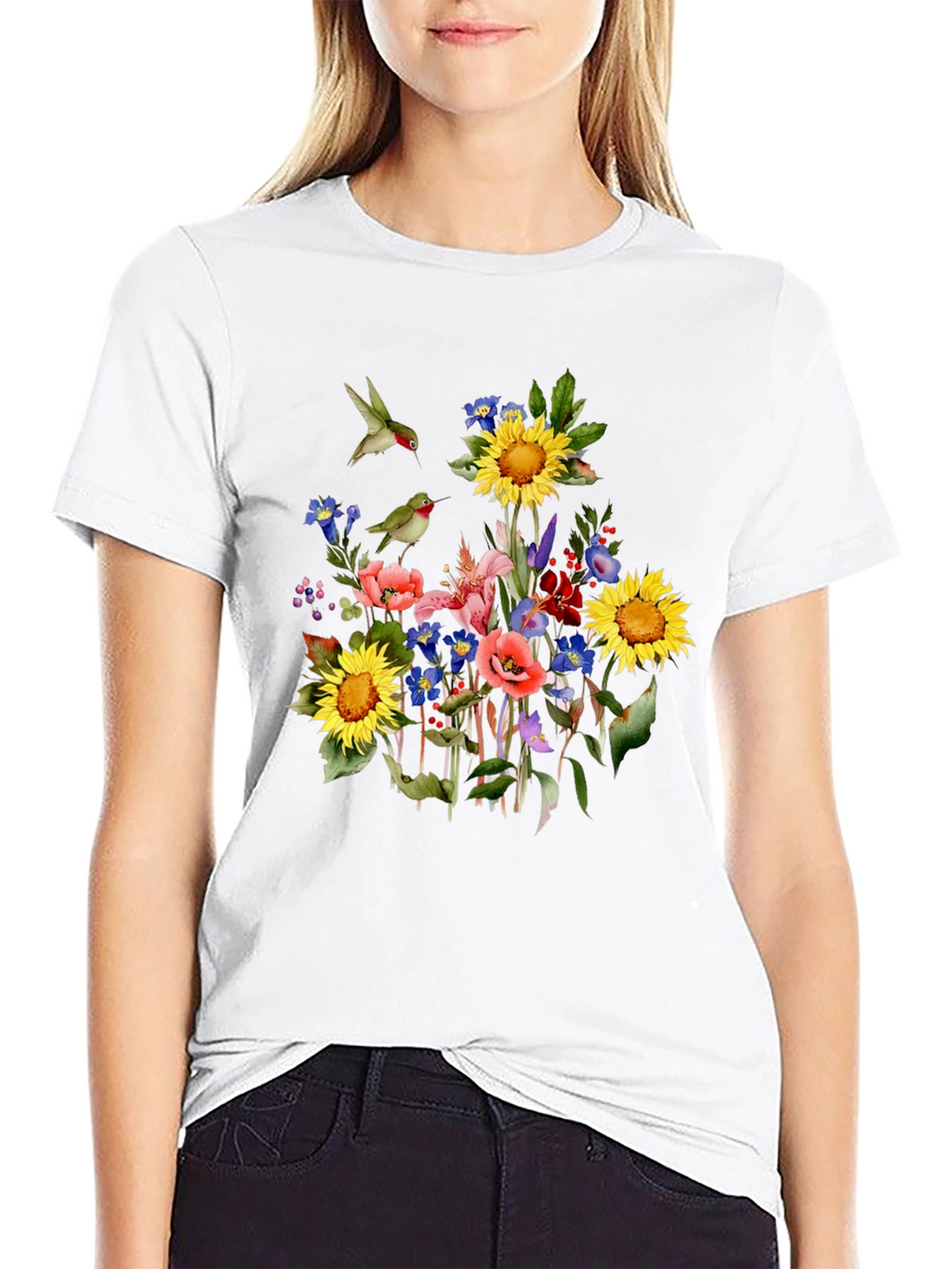 Floral Hummingbird Black T-Shirt