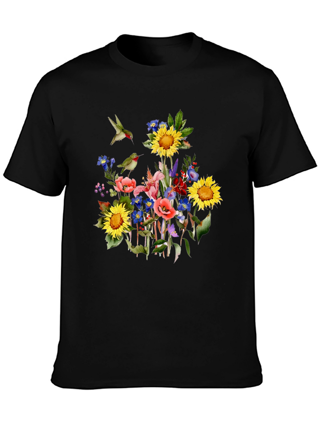 Floral Hummingbird Black T-Shirt