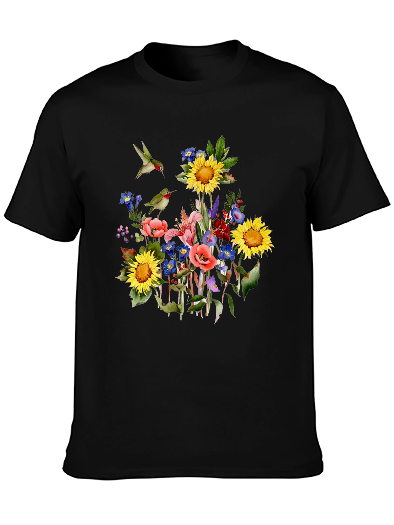 Floral Hummingbird Black T-Shirt