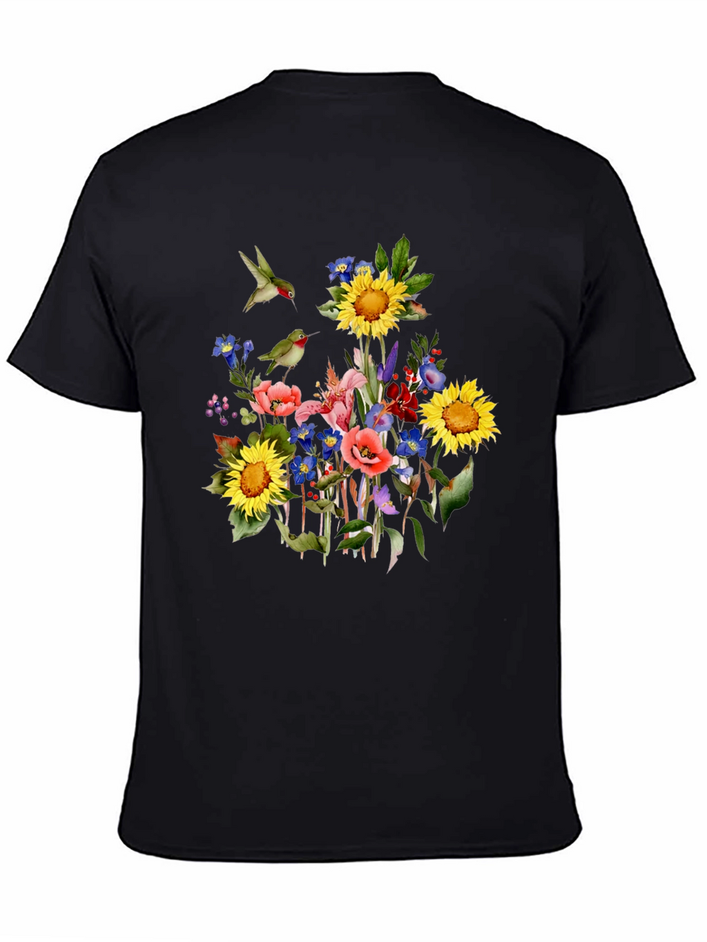 Floral Hummingbird Black T-Shirt