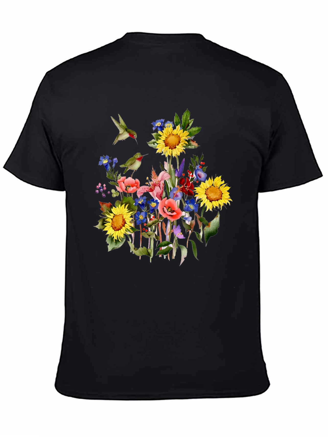 Floral Hummingbird Black T-Shirt
