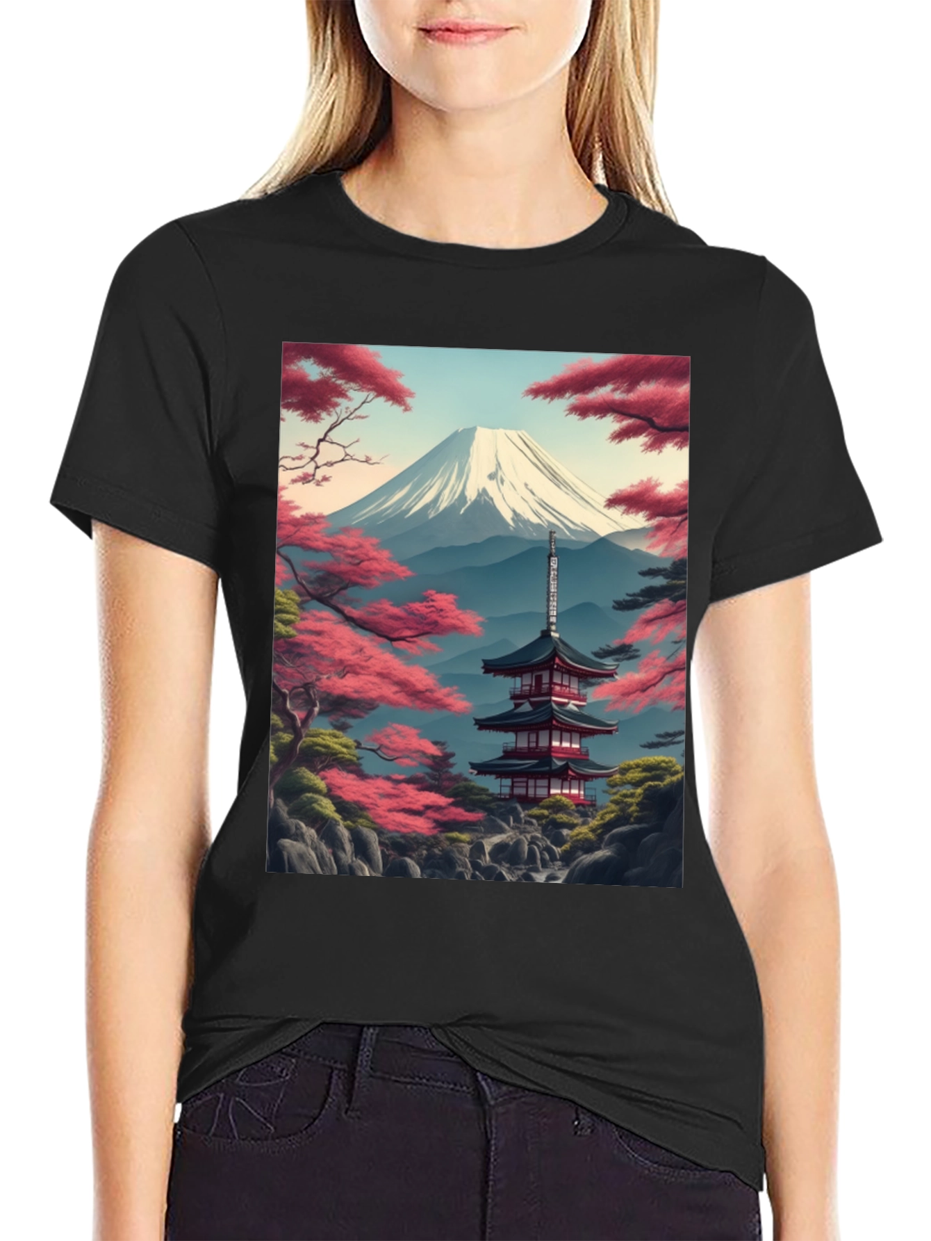 Mount Fuji Pagoda Graphic Tee - Black