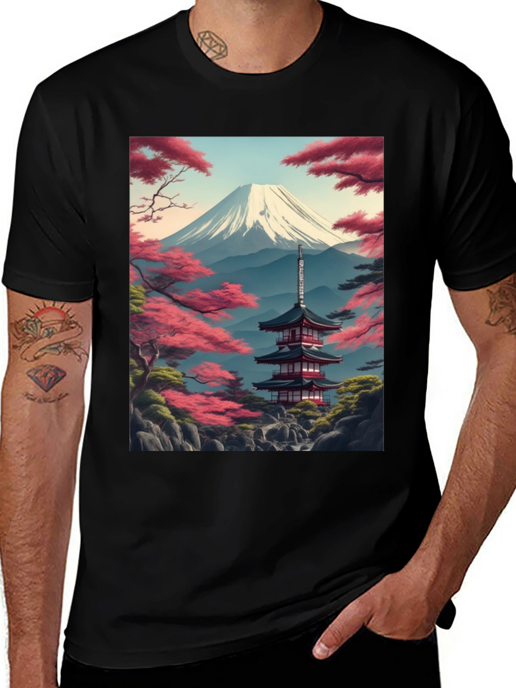Mount Fuji Pagoda Graphic Tee - Black
