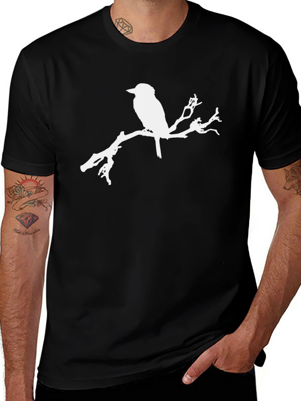 Bird on Branch Graphic Tee - Black Cotton T-Shirt