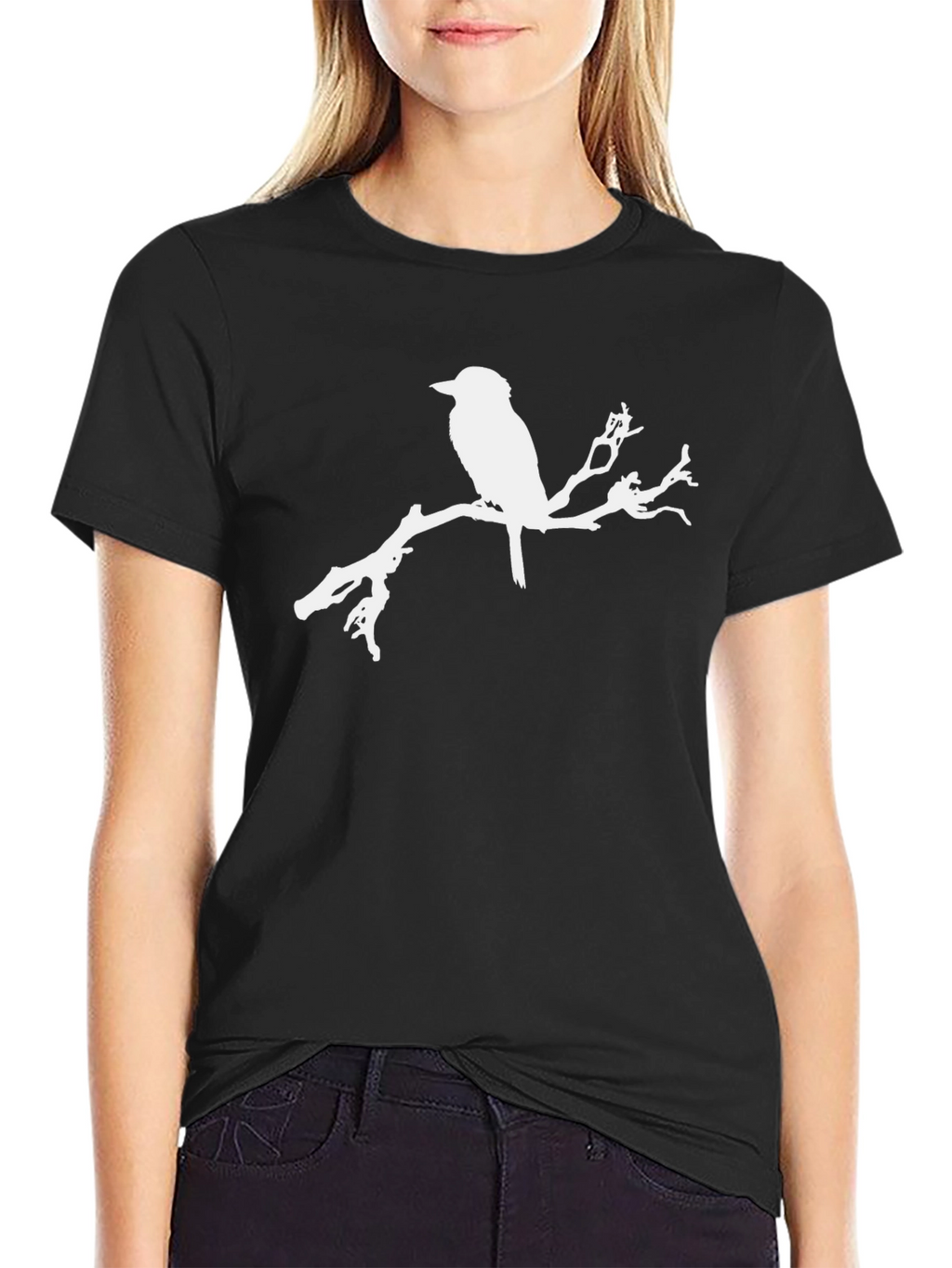 Bird on Branch Graphic Tee - Black Cotton T-Shirt