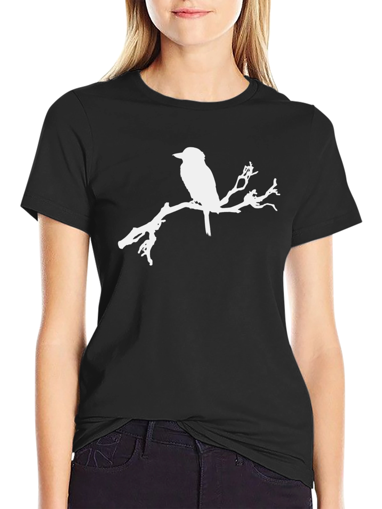 Bird on Branch Graphic Tee - Black Cotton T-Shirt