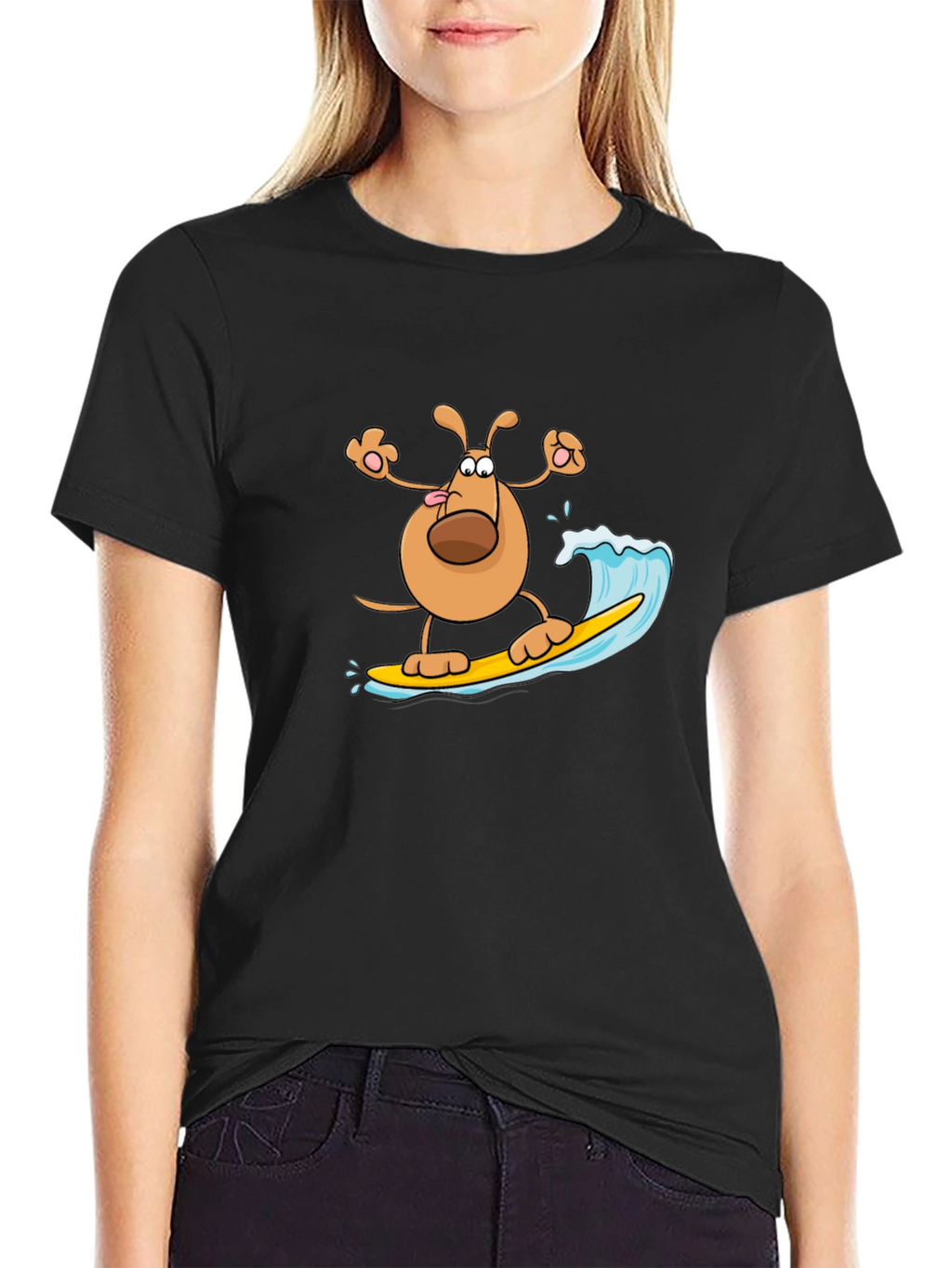 Dog Surfing T-Shirt - Black Cotton Tee