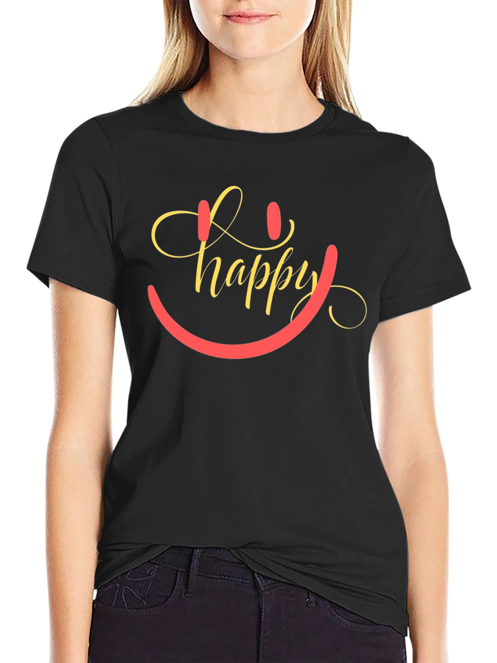 Happy Smiley Face Graphic Tee - Black Cotton Blend